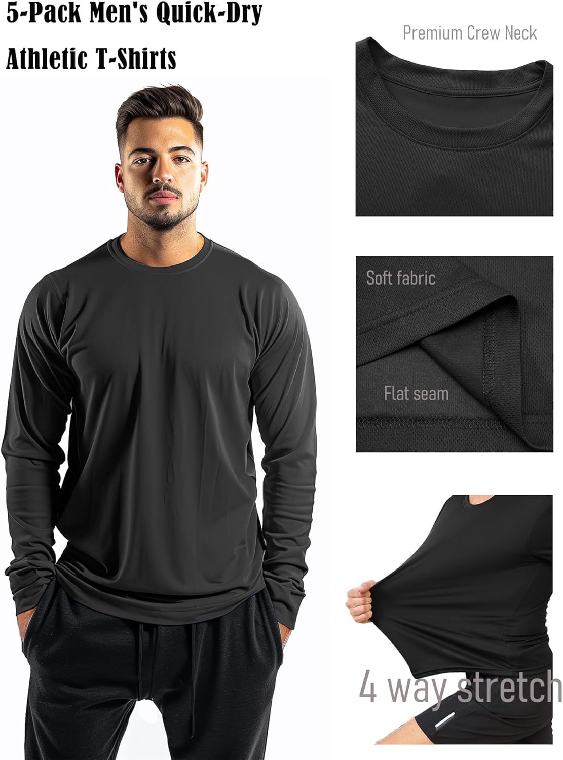 5 Pack Mens Long Sleeve Quick Dry Active Athletic T Shirt Running Gym Workout Tee Tops