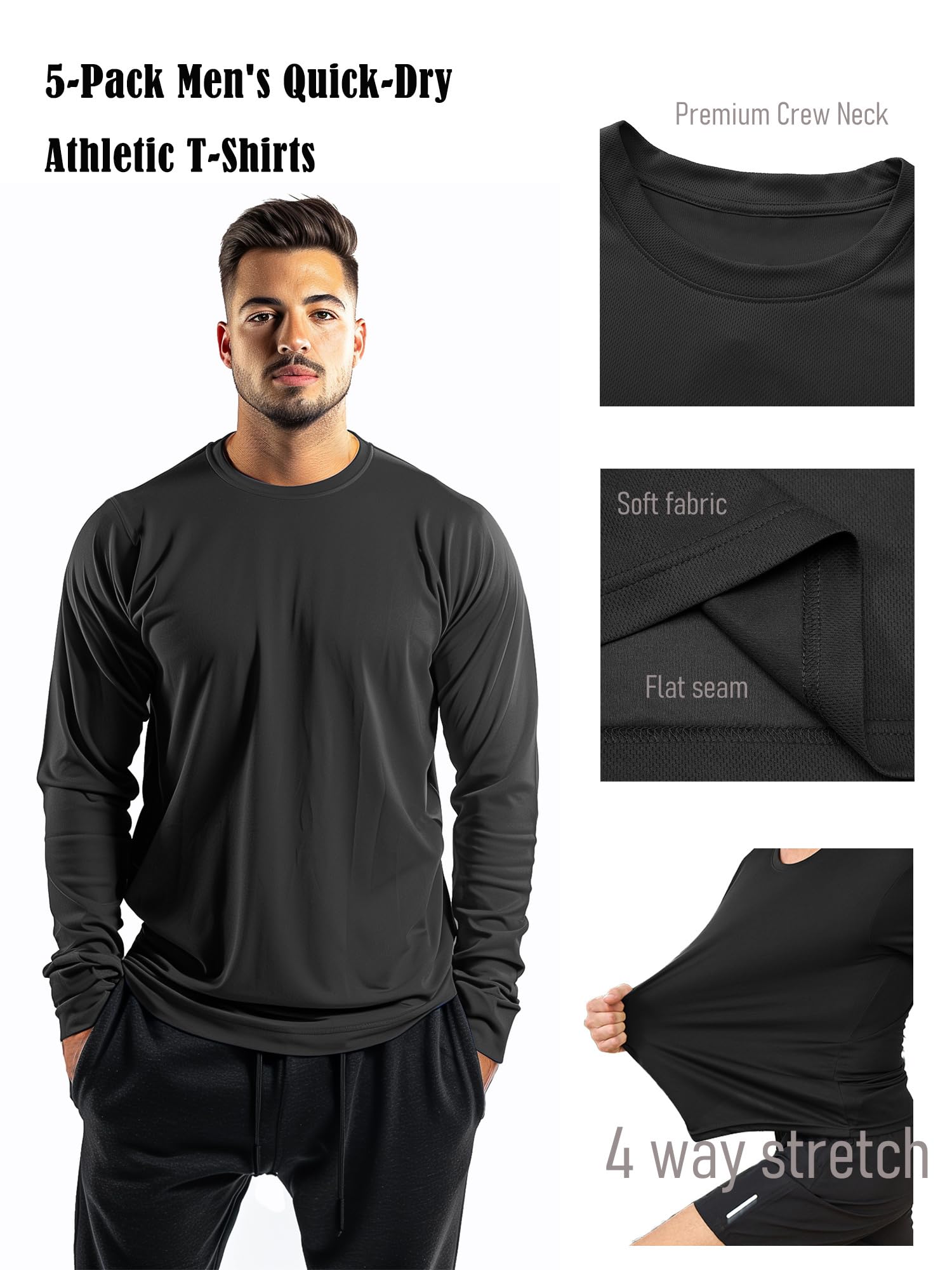 Paquete de 5 Camisetas Deportivas de Manga Larga para Hombre, Secado rápido, para Correr, Gimnasio, Entrenamiento, Negro, Gris, Azul Marino, Vino, Oliva, Large