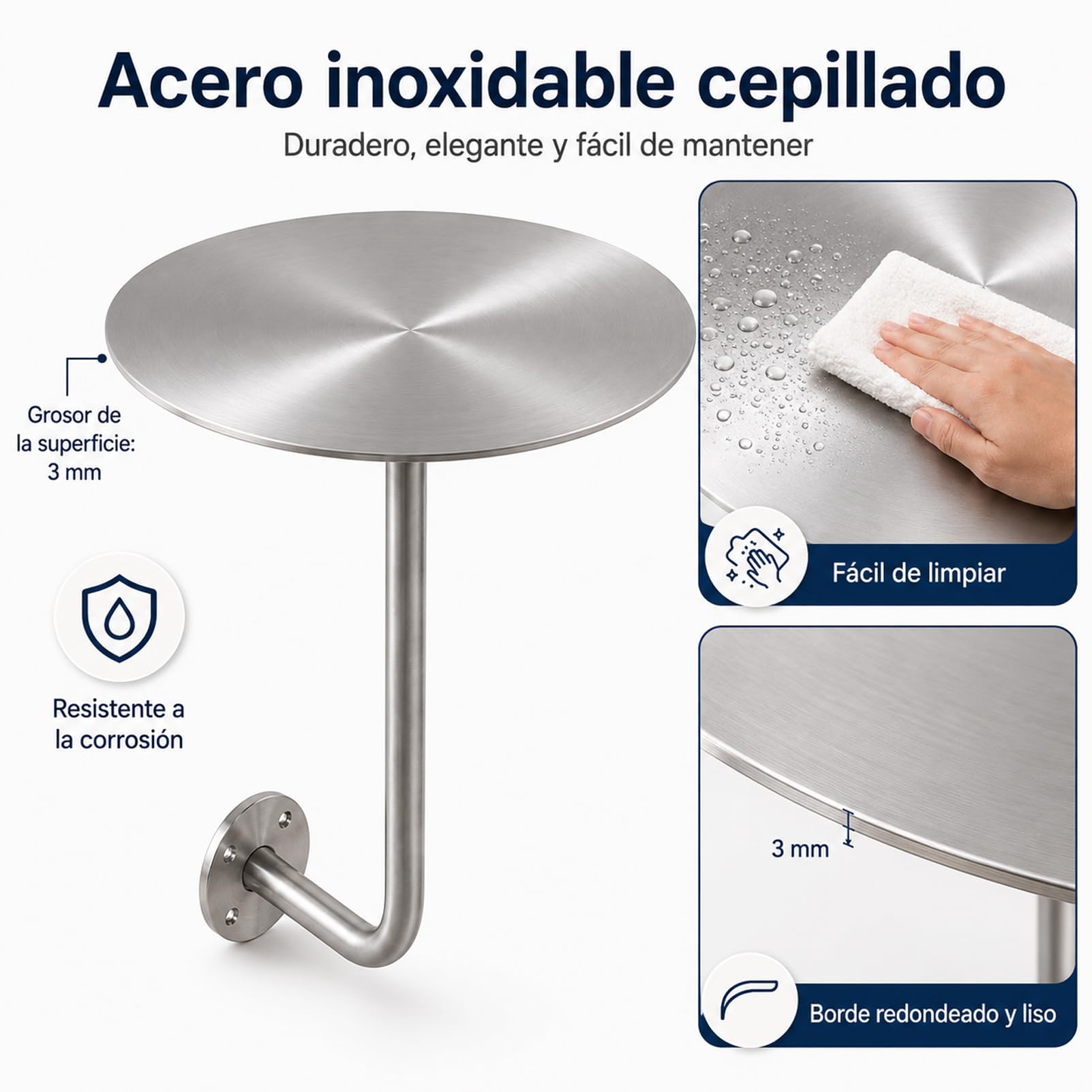 Mesa Auxiliar de Pared Redonda de Acero Inoxidable, Ø40 cm, Mesa Mural Flotante con Tablero de 3 mm, Soporte Estable hasta 25 kg, mesita compacta para Dormitorio, cafetería, Gimnasio y Sala de Espera