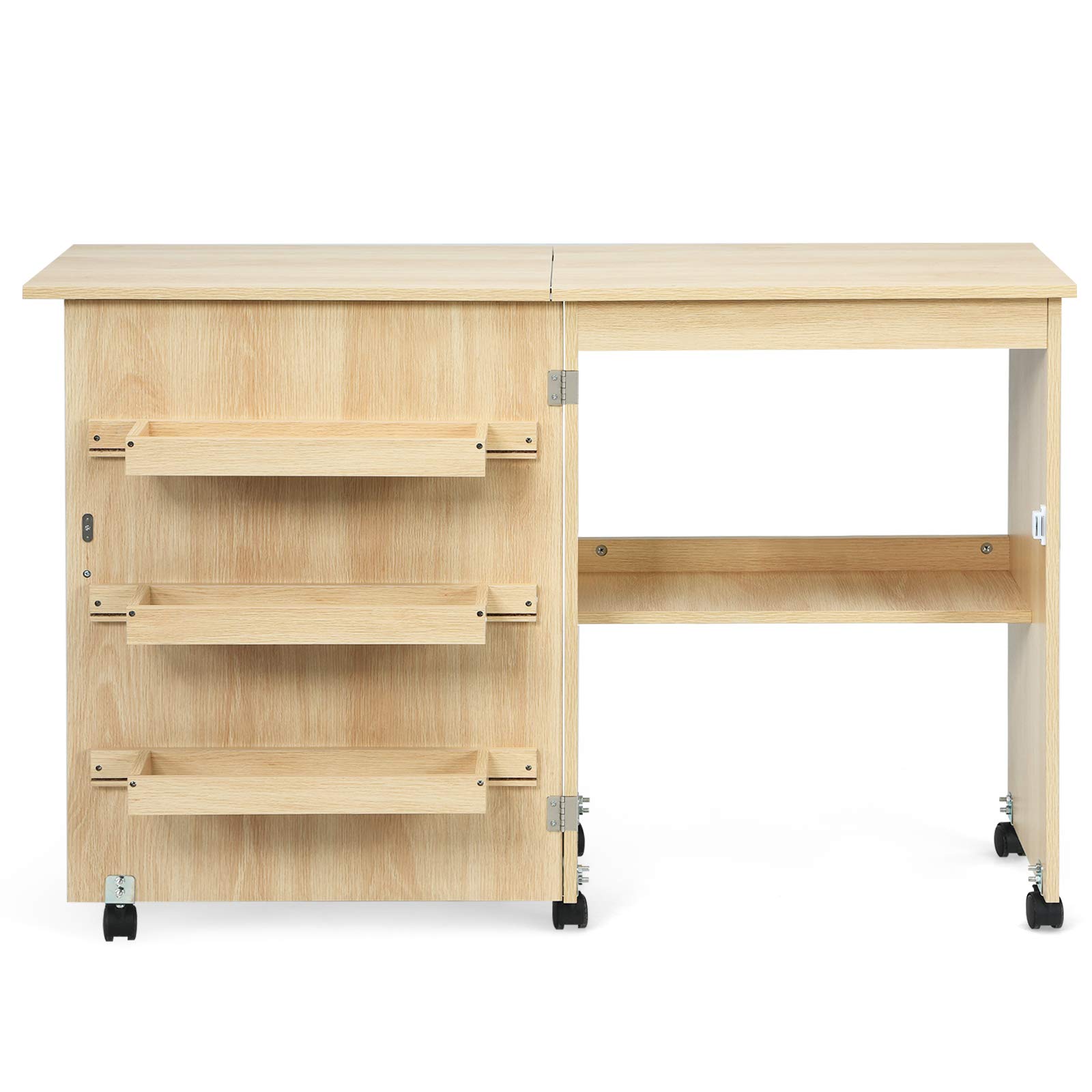 COSTWAY Mesa Maquina de Coser Plegable, 2 en 1 Mueble Maquina Coser con 3 Compartimientos, 1 Estante de Almacenamiento y 5 Ruedas Bloqueables, Mesa de Costura Que Ahorro de Espacio (Natural Claro)
