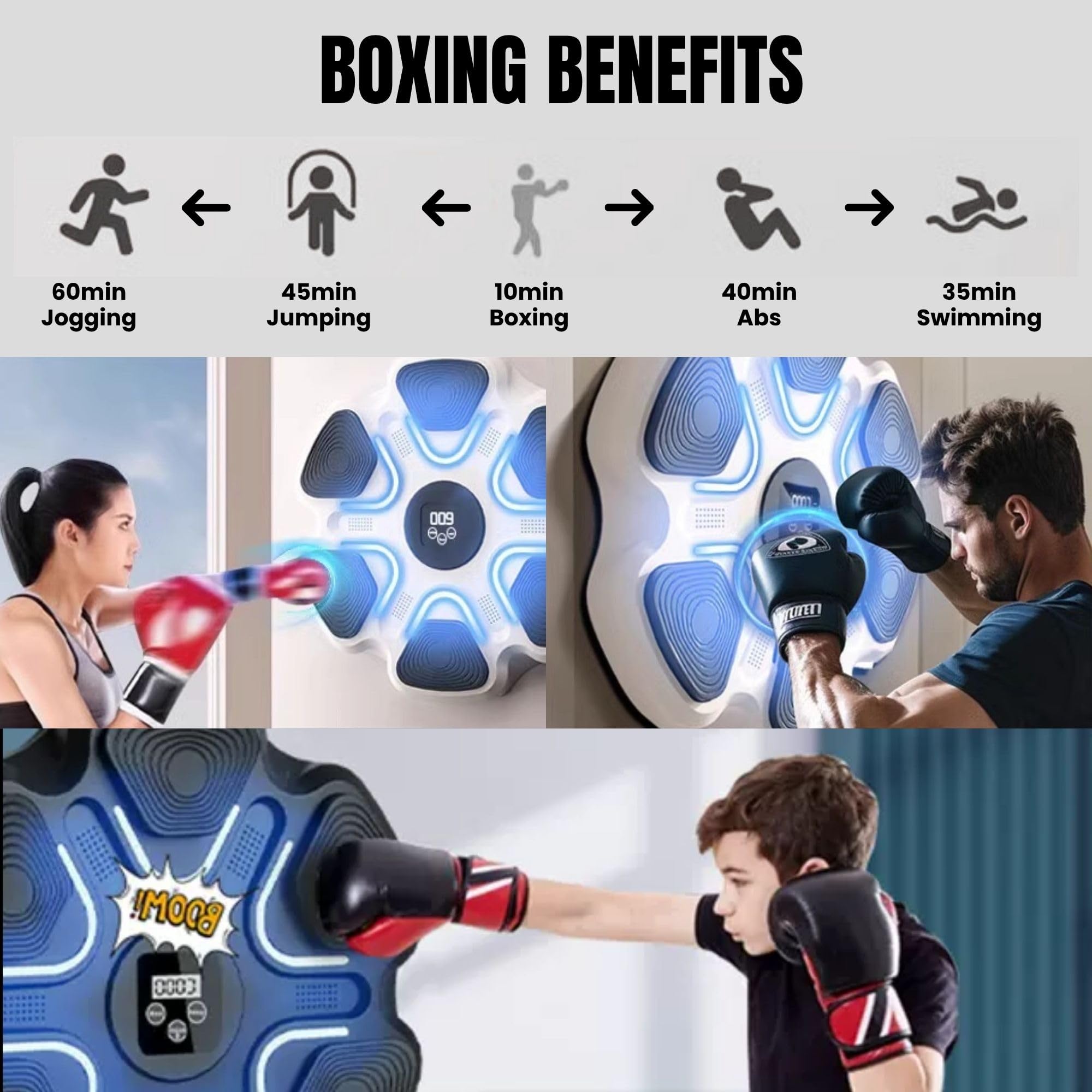 Máquina de Entrenamiento de Boxeo Musical. Equipo de Boxeo para Pared con LED, Guantes de Boxeo, Bluetooth y Luces al Ritmo de la Música. Maquina de Boxeo para Niños/Adultos. (9 modos, 37x37 cm)