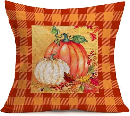 Miniatura 2 de Fukeen Juego de 4 fundas de almohada retro a cuadros de búfalo naranja a cuadros de calabaza, decoración de cosecha de otoño, hojas de arce,