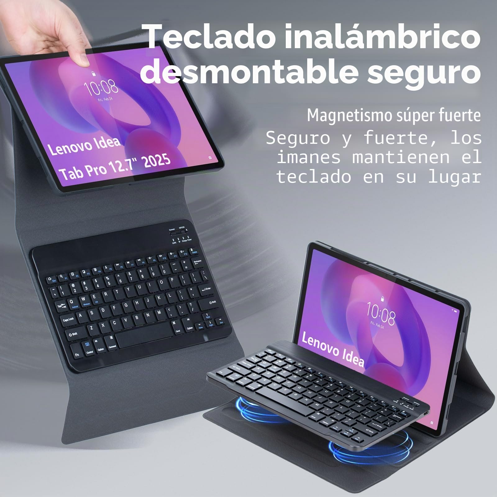 Funda con Teclado para Lenovo Idea Tab Pro 12,7 Pulgadas 2025 Modelo (TB373FU/TB375FC), Español Ñ Teclado Inalámbrico Bluetooth Desmontable Funda Ultradelgada Multiángulo con Ratón,Negro