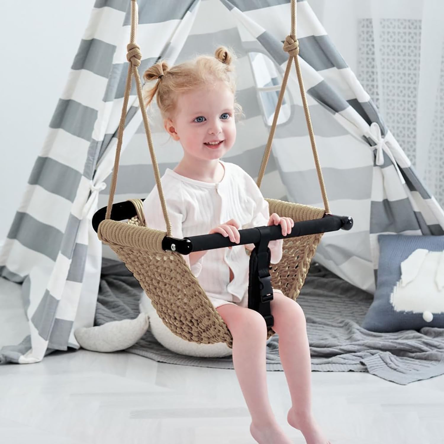 Babyschaukel,Kinderschaukel mit Verstellbaren Seilen,für Kinder Heavy Duty Seilspiel Sicher Kinder Swing Set, für Outdoor Indoor,Garten (Khaki)