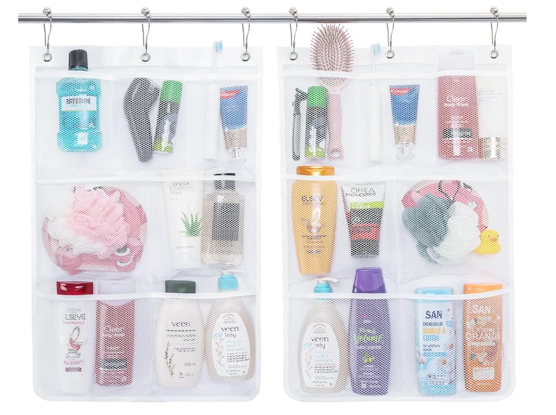 LPOKDYGH 2pcs Mesh Shower Caddy 7 Pockets Hanging Shower Organizer with Quick Drying Mesh Portable Space Saving Bathroom