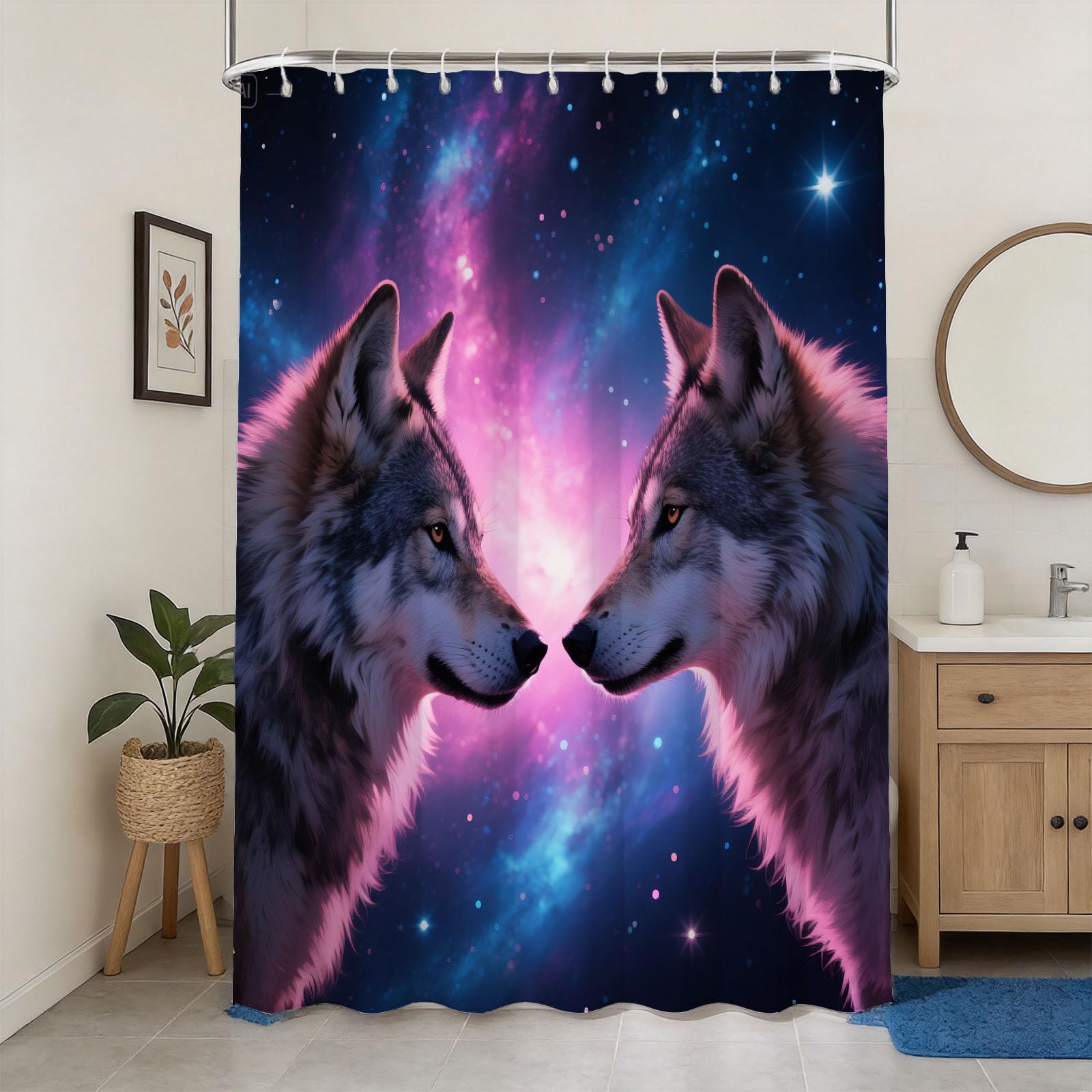 Hongduo 3D Wolf Pattern Shower Curtain for Stalls Bathtubs Dreamy Nebula Bathroom Decor Shower Curtain Set Polyester Fabric Waterproof 120x180cm/48X71 Inch with Hooks