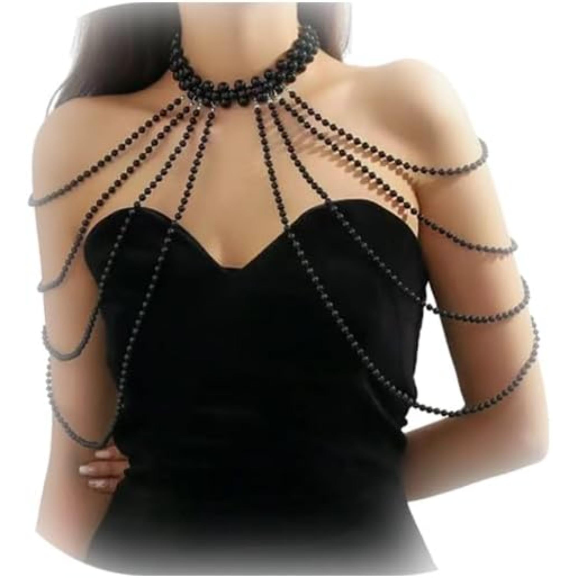 Black Beaded Body Chain for Women Adjustable Layered Shoulder Harness NecklaceDecorative Fashion Body Jewelry for Festival Party Concert Evening Dress Costume Cosplay-image-48