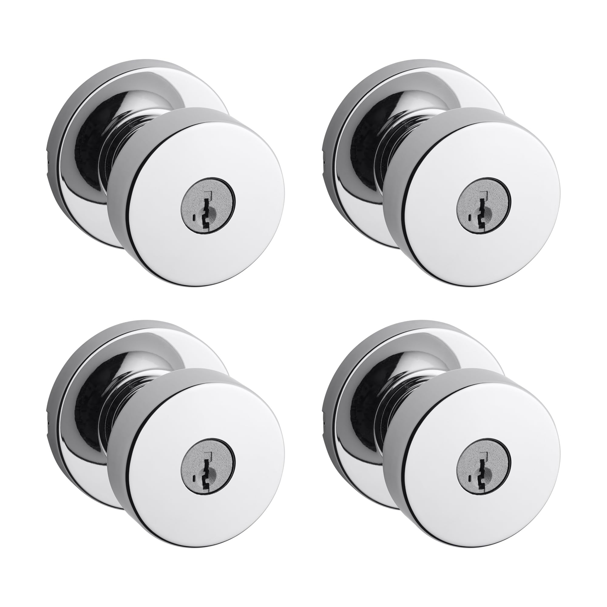Kwikset Pismo Entry Door Knob with Lock and Key, Secure Keyed Handle Exterior, Front Entrance and Bedroom, Polished Chrome, 4 Pack, Pick Resistant SmartKey Rekey Security