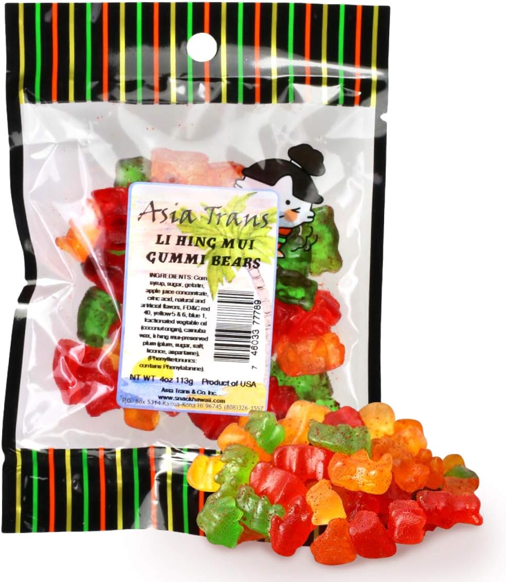 Asia Trans Gummy Bears with Li Hing Mui Plum Powder | Hawaiian Favorite | Sweet & Delicious Soft Gummy Candy (4 oz)