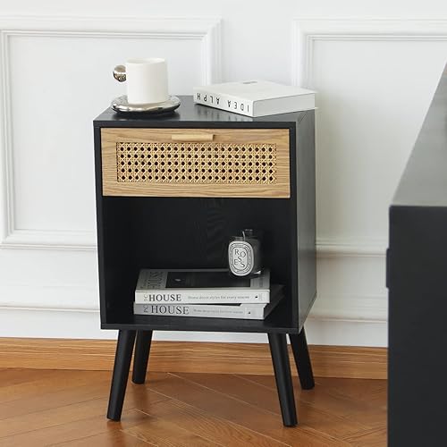 Miniatura 6 de MaxSmeo Mesita de noche moderna de mediados de siglo, mesa auxiliar de ratán con cajón para mesita de noche, sala de estar, dormitorio y espacios
