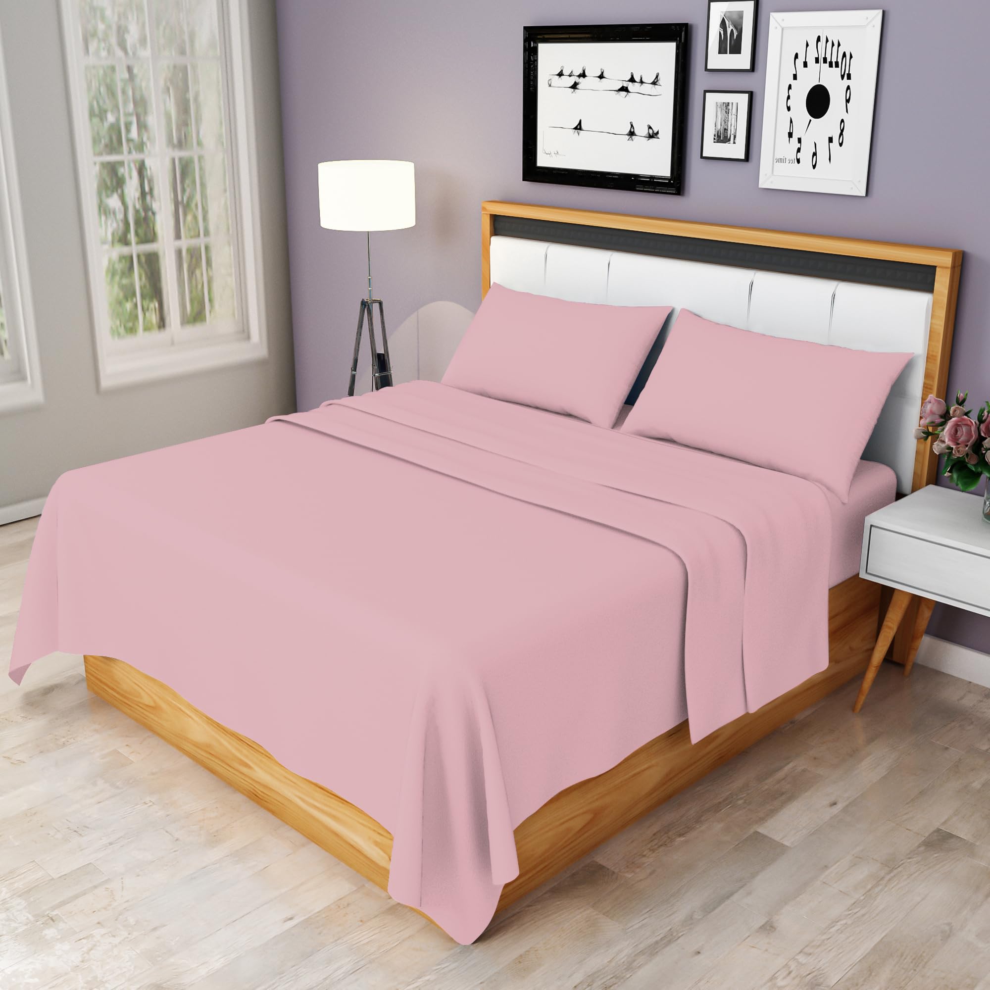 HOME ACE Pink Super King Bed Sheet Set - Easy Care 4 Pieces Poly Cotton Sheet Set Super King Size (Flat Sheet + Fitted Sheet + 2 Pillowcases) - Soft Wrinkle Resistant Bedding Set