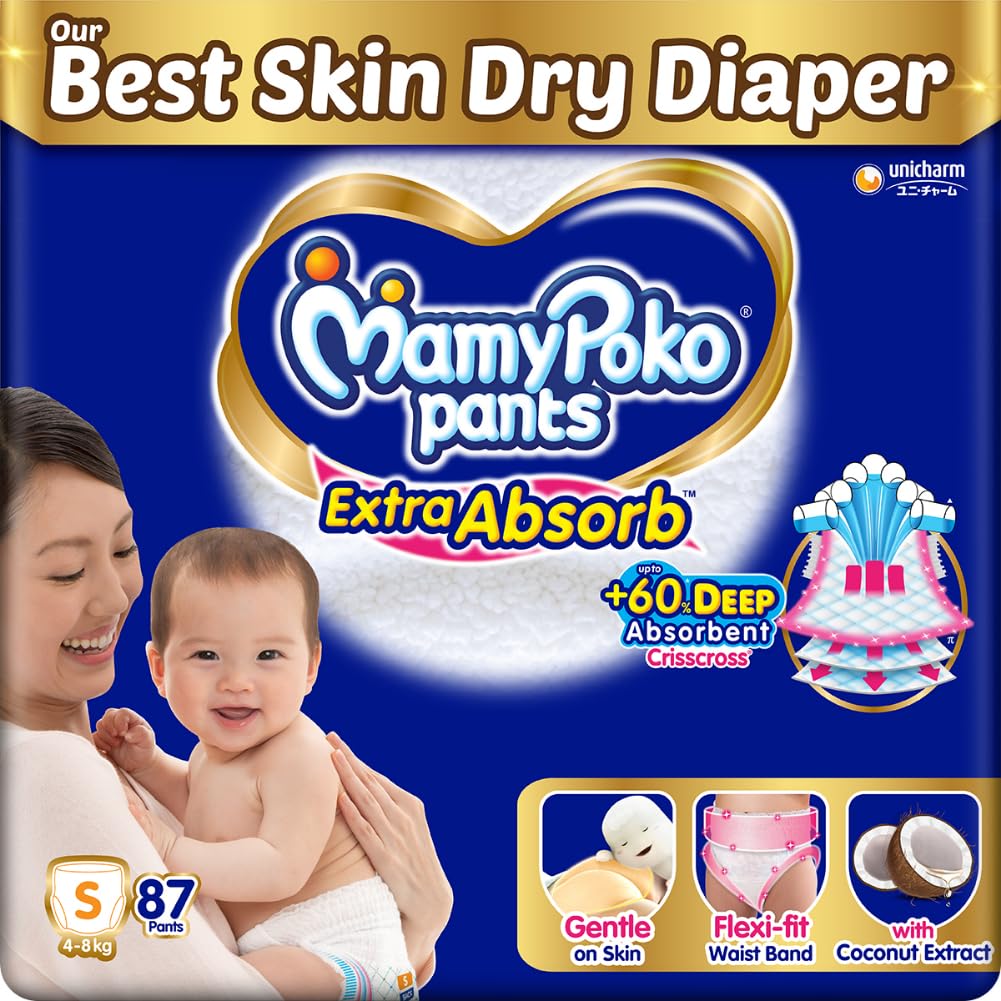 MamyPoko Pants Extra Absorb Baby Diapers, Small (S size) | 4-8 kg | 87 Count |Deep Sleep Diapers| Soft gentle fit |Deep Absorbent Crisscross | skin friendly with coconut oil |