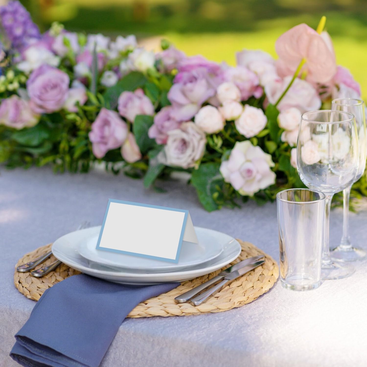 Dusty Blue Border Place Cards for Table Setting, Blank Name Card for Banquet, Set of 25 Seating Cards for Wedding Reception Baby Shower Birthday Party and Events-04