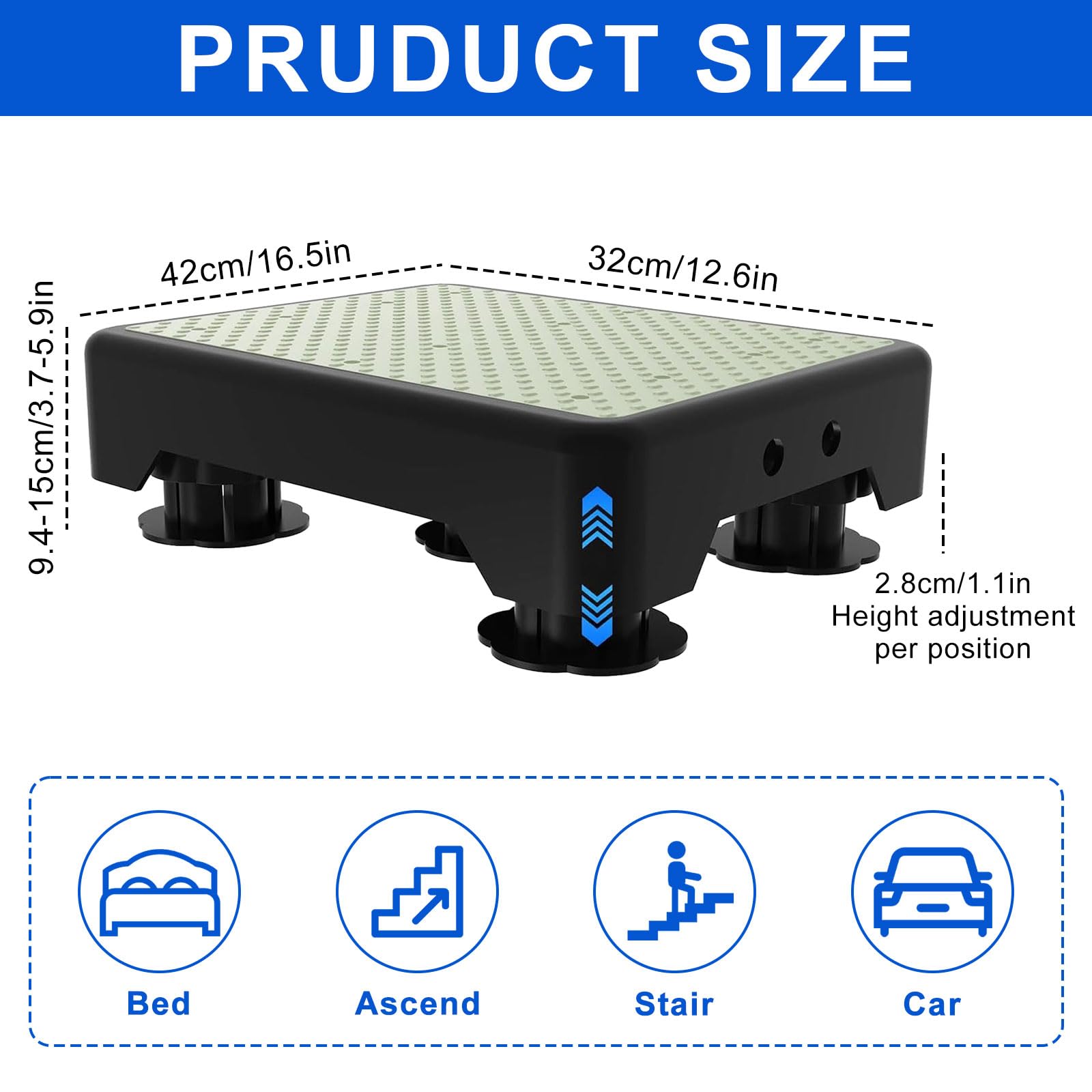 rutschfest Halbstufe, Nachleuchtende Trittstufe, Trittstufe Indoor & Outdoor bis 200 kg, 3-Stufig Höhenverstellbarer, Tragbare Steighilfe & Einstiegshilfe Tritthocker, für Bett, Treppe