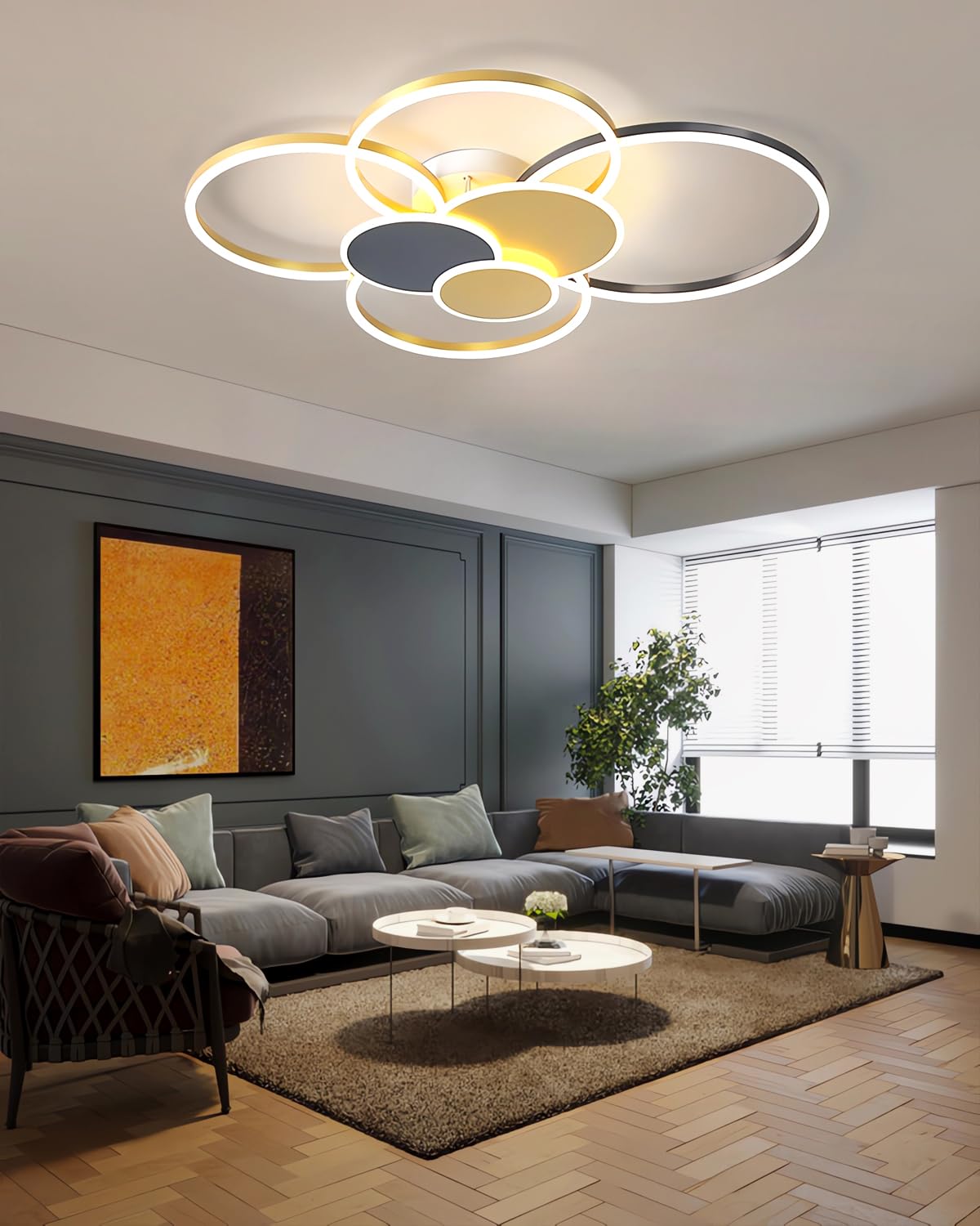 Lampadario LED dimmerabile a 7 anelli-Plafoniera moderna in metallo e acrilico con telecomando luminosità regolabile per il soggiorno la camera la sala da pranzo e l'ufficio (oro nero, 80cm)
