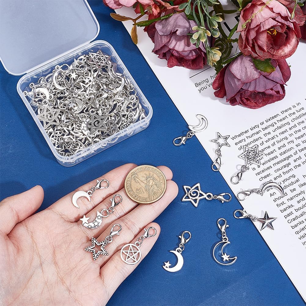 72Pcs Star Moon Charms 12 Style Five-point Star Moon Clip on Charms with Lobster Clasp Dangle Pendants for DIY Keychain Bracelet Purse Jewelry Making Stitch Marker Zipper Pull - Image 3