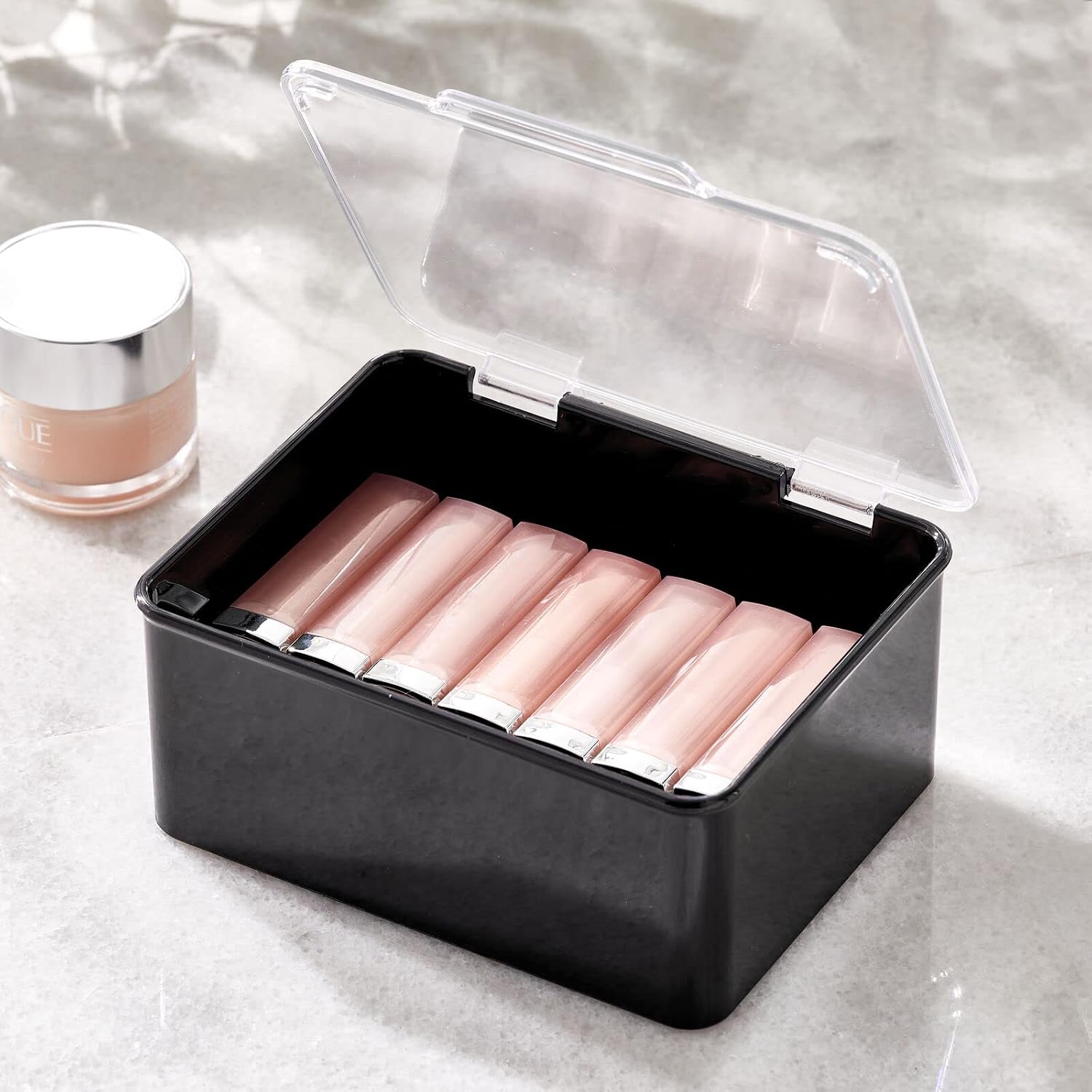 mDesign Plastic Cosmetic Storage Organizer Box Containers, Hinged Lid for Bedroom, Bathroom Vanity Shelf or Cabinet, Holds Masks, Palettes, Nail Polish, Lumiere Collection, Black/Clear
