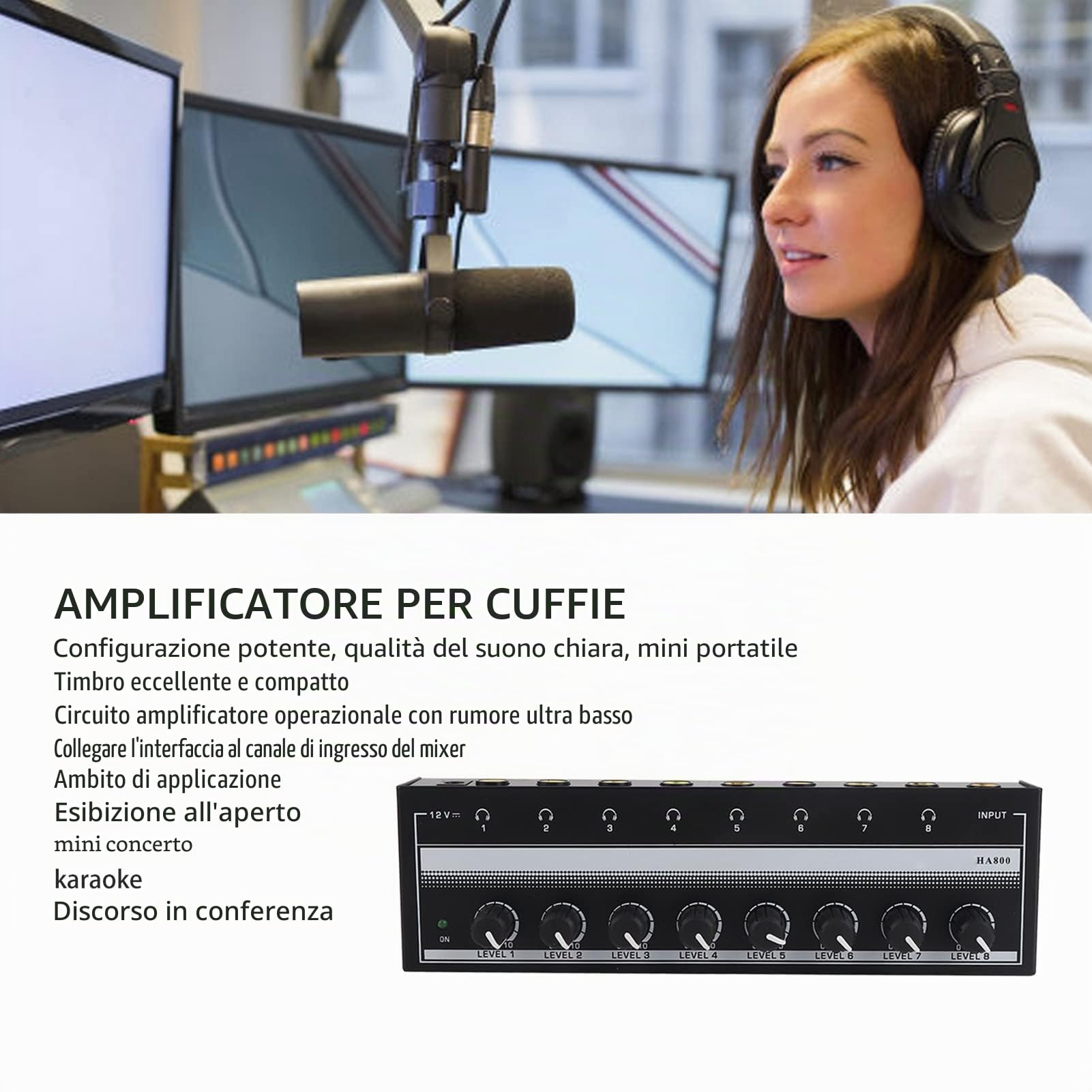 Amplificatore per Cuffie a 8 Canali, Amplificatore Audio Stereo Portatile in Metallo con Adattatore di Alimentazione 12V, di Amplificazione Audio Domestico per Studio e