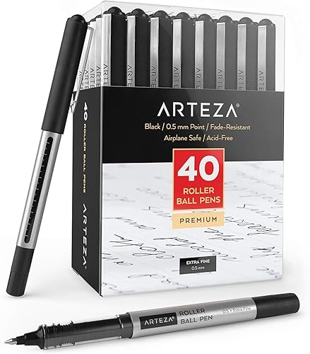 Arteza Bolígrafos Rollerball, paquete de 40, bolígrafos de tinta líquida negra de 0.020 in para diario de viñetas, bolígrafo de punta fina,