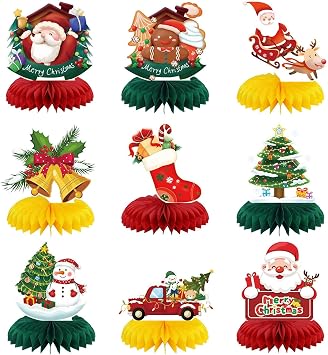 9 Pcs Christmas Decorations, Christmas Table Centerpieces Holiday Party Decorations for Xmas Party Table Decor Xmas Honeycomb Table Toppers