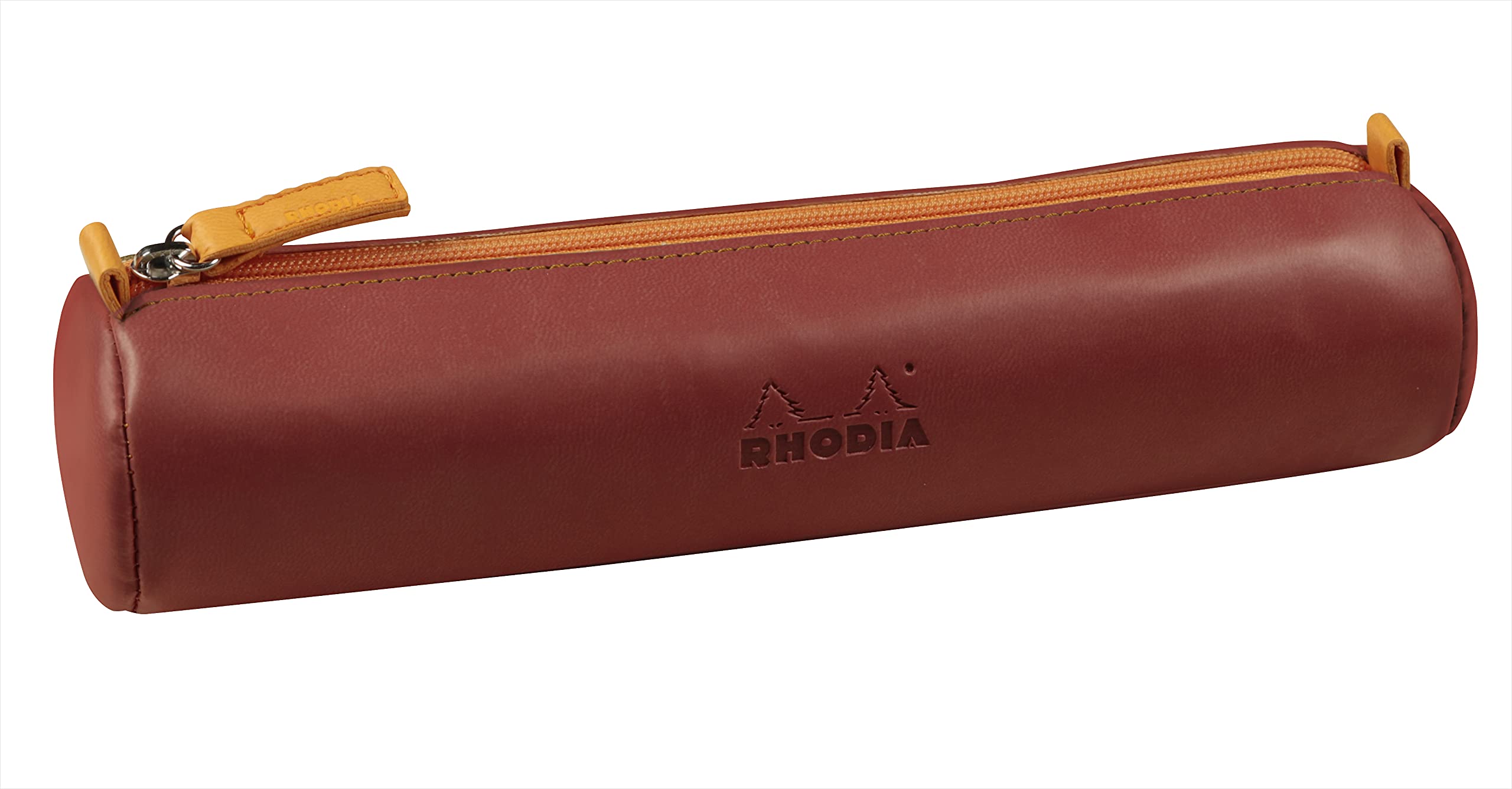 RHODIA 319001C - Rhodiarama Nacarat Round Pencil Case - 21.5 x 5.5 cm - Genuine Orange Stitching - Ivory Jersey Interior - Faux Leather - Storage for Pens, Pencils, Markers, Small Supplies