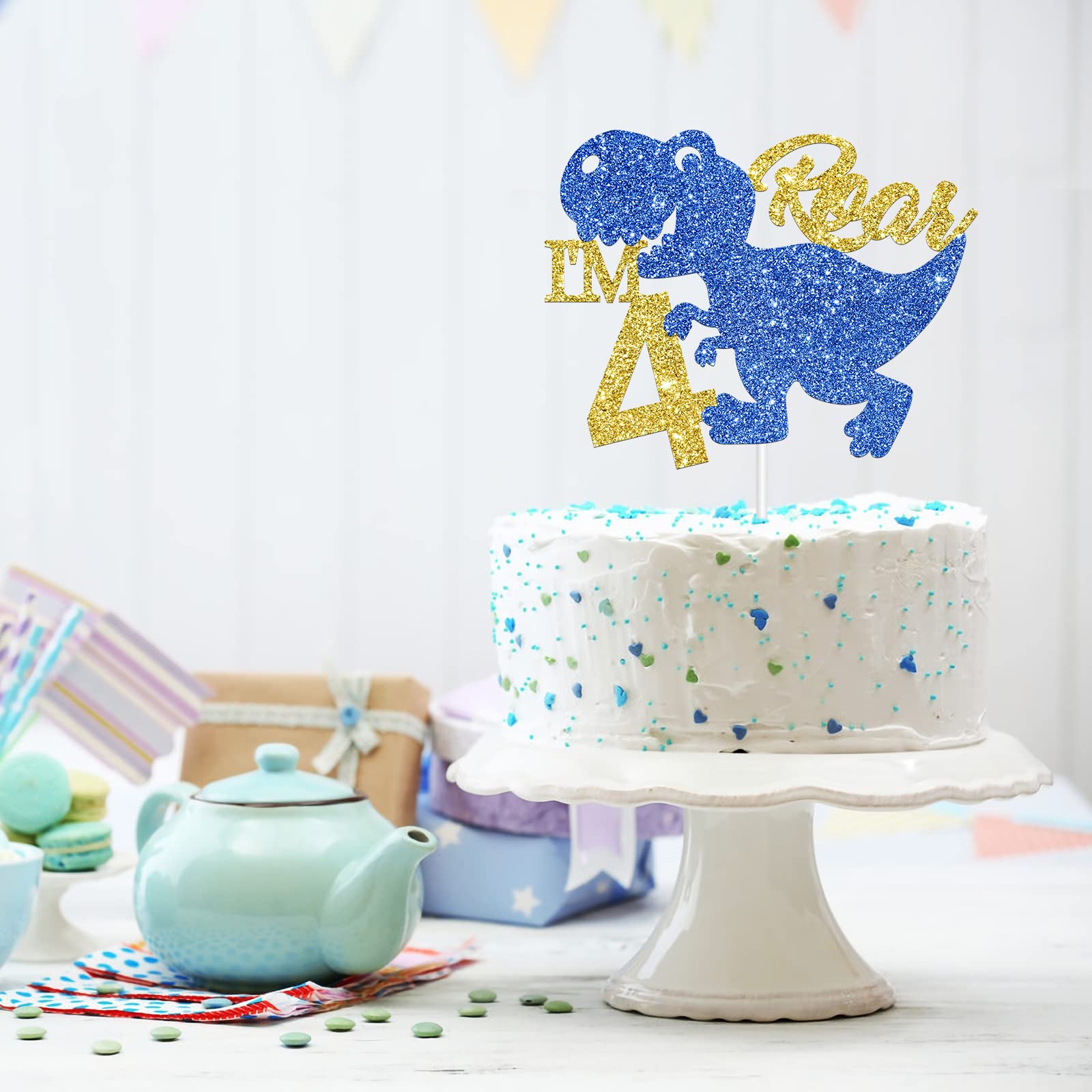 Amazon.co.jp: Gold & Blue Roar I'm Four ケーキトッパー 恐竜