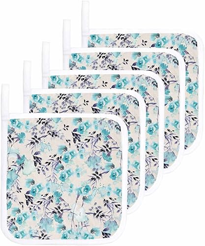 5 Packs Blue Spring Flower Pot Holders Sets for Kitchen,Oven Pan Plate Bowl Pads Heat Proof Mat with Hanging Loop,Terry Cloth Potholders Soft Grip