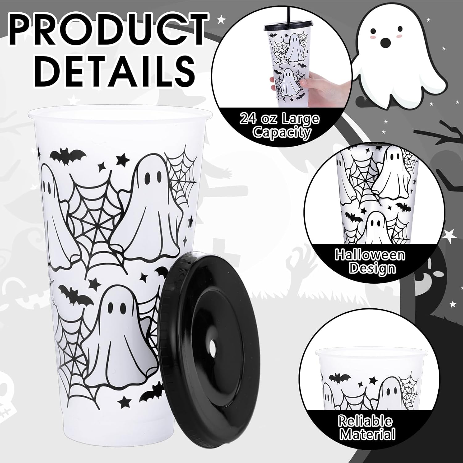 12 Pcs Halloween Plastic Cups with Lids and Straws 24 oz Reusable Halloween Tumbler Ghost Drinking Coffee Cup for Women Home Office Decoration Birthday Party Favors - Image 4