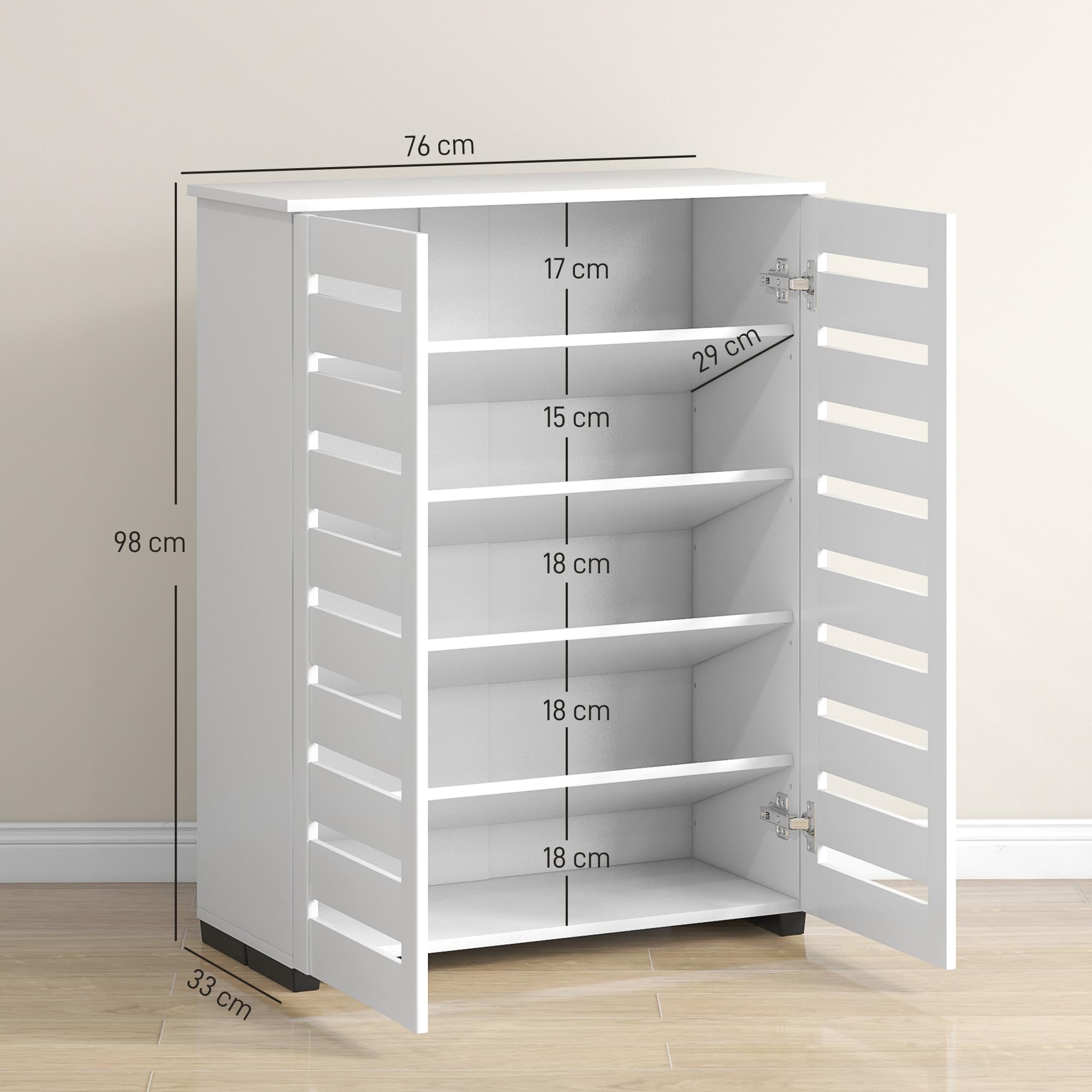 HOMCOM Mobile Scarpiera a 5 Livelli con 4 Scaffali Regolabili e Ante a Doghe, Scarpiera Moderna Salvaspazio in Legno, 76x33x98 cm, Bianco