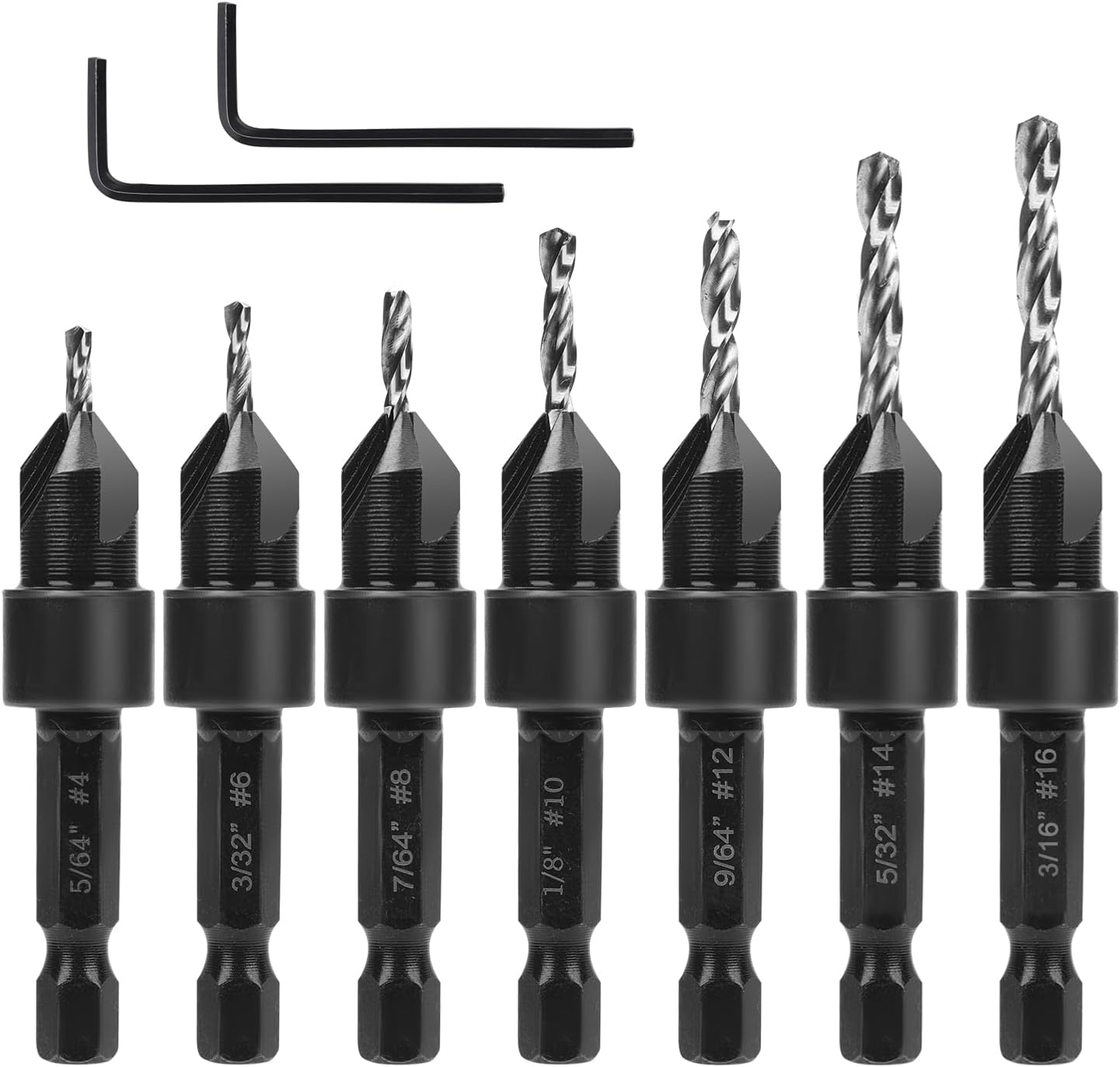 9pcs Countersink Drill Bit Set, Counter Sink Drill Bit for Wood with Wrenches Woodworking Countersink for #4#6#8#10#12#14#16 Screws in Hard Wood Plastic Plate