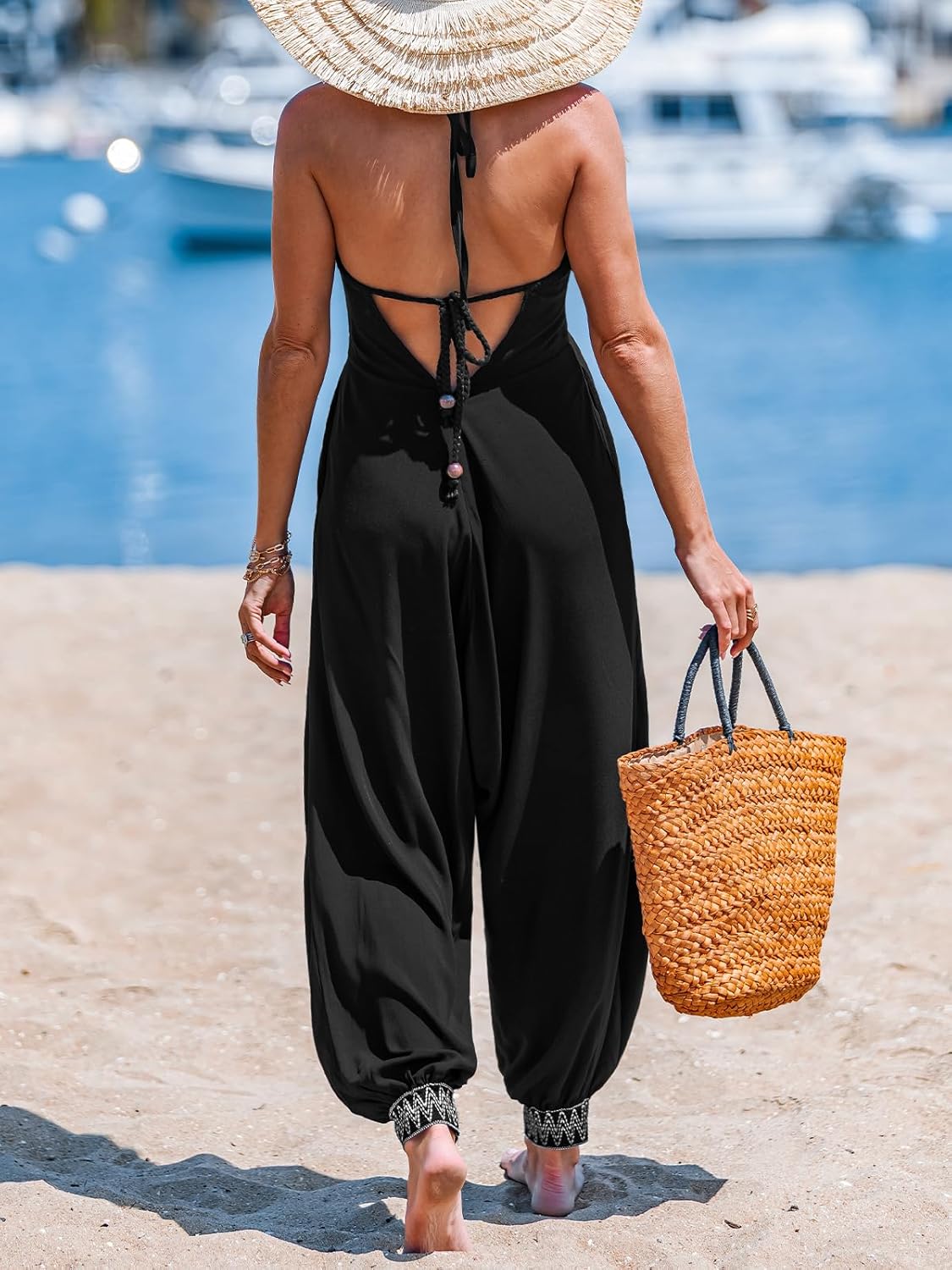 CUPSHE Women's Plunge Halter Sleeveless Pleated Long Romper Knit Jogger Maxi Jumpsuit with Pockets - Image 2