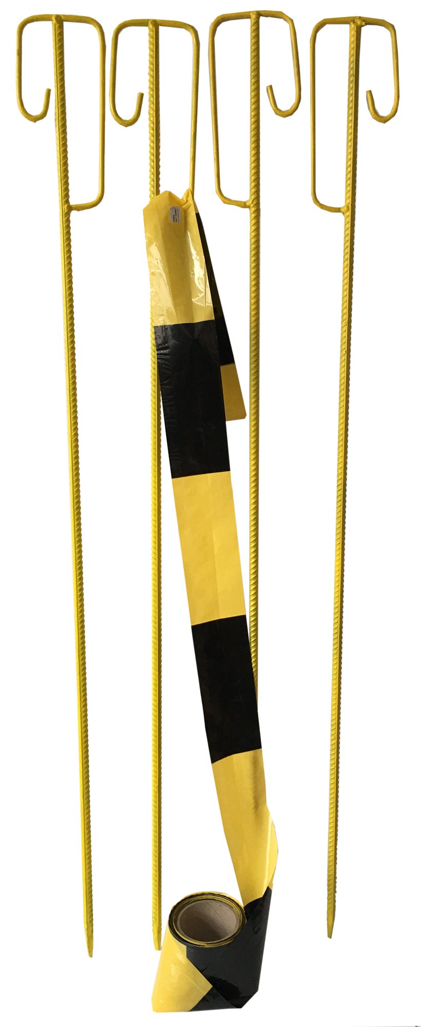 UvV Absperrleinenhalter Stahl Set Laterneneisen 1200 mm lang Ø14 mm mit UVV-Bügel und 1 Rolle (100m) Warnband/Absperrband (Gelbe Absperrung 4 Stück Set)