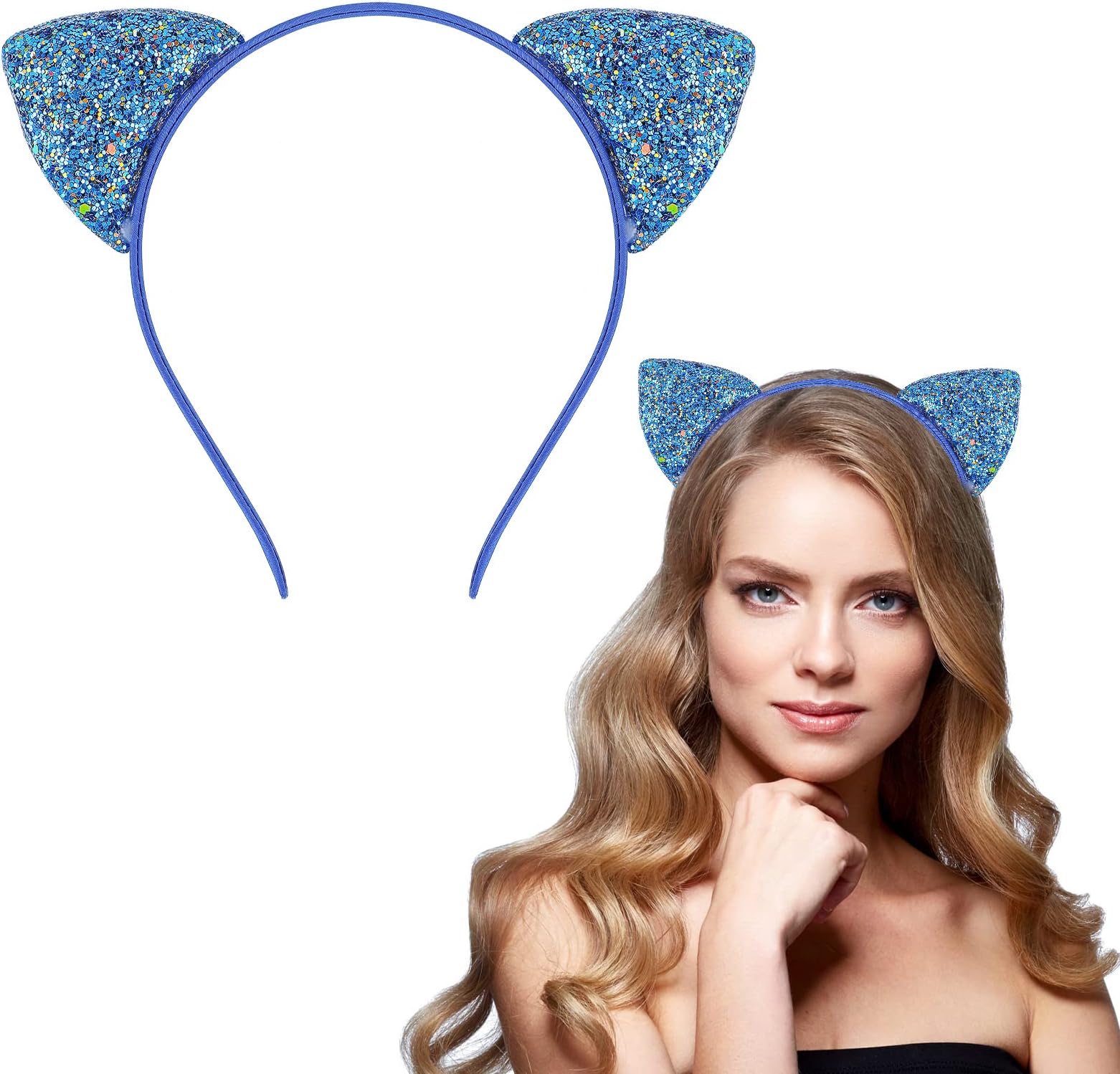 Sibba Sparkly Cat Ears Headband Hairband Hair Clips Hoop Costume Birthday Party Cosplay Christmas Prom Valentines Day Easter Hairstyle Accessories Headwear Headpiece For Girls Kids Toddler Women