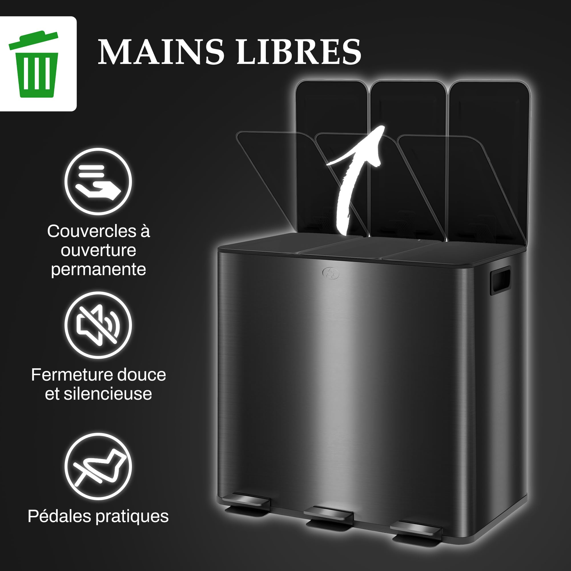 Bidone Per Raccolta Differenziata HOMCOM 45L - 3 Scomparti, Acciaio Inox, Pedale, Nero Per Cucina - Foto 9