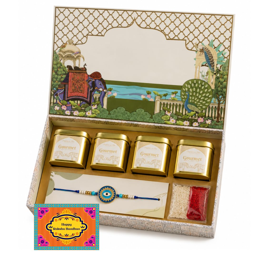 Surprise in a Box Raksha Bandhan Premium Dry Fruit Hamper Gift Box with Rakhi, Roli Chawal & Greeting Card | 4 Gourmet Tins | Cashew, Almond, Raisin & Makhana | Festive Gift for Brother-image-33