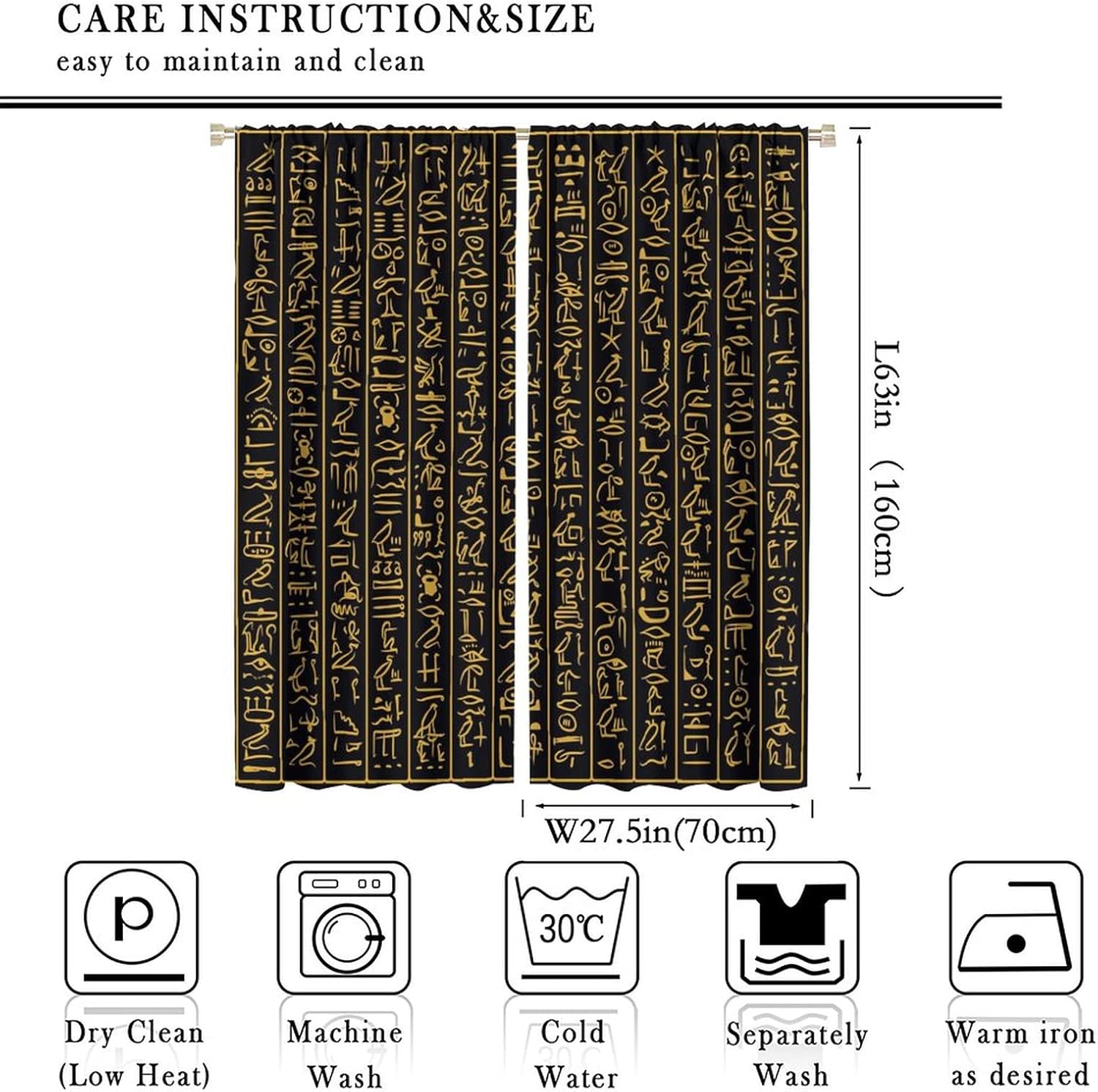 Egypt Curtains,Abstract Vintage Egyptian Ancient Culture Black Gold Hieroglyph Symbol Blackout Curtains - Rod Pocket Window Curtain,2 Panels 63"L x 27.5"W Energy Saving Thermal Insulated Drapes