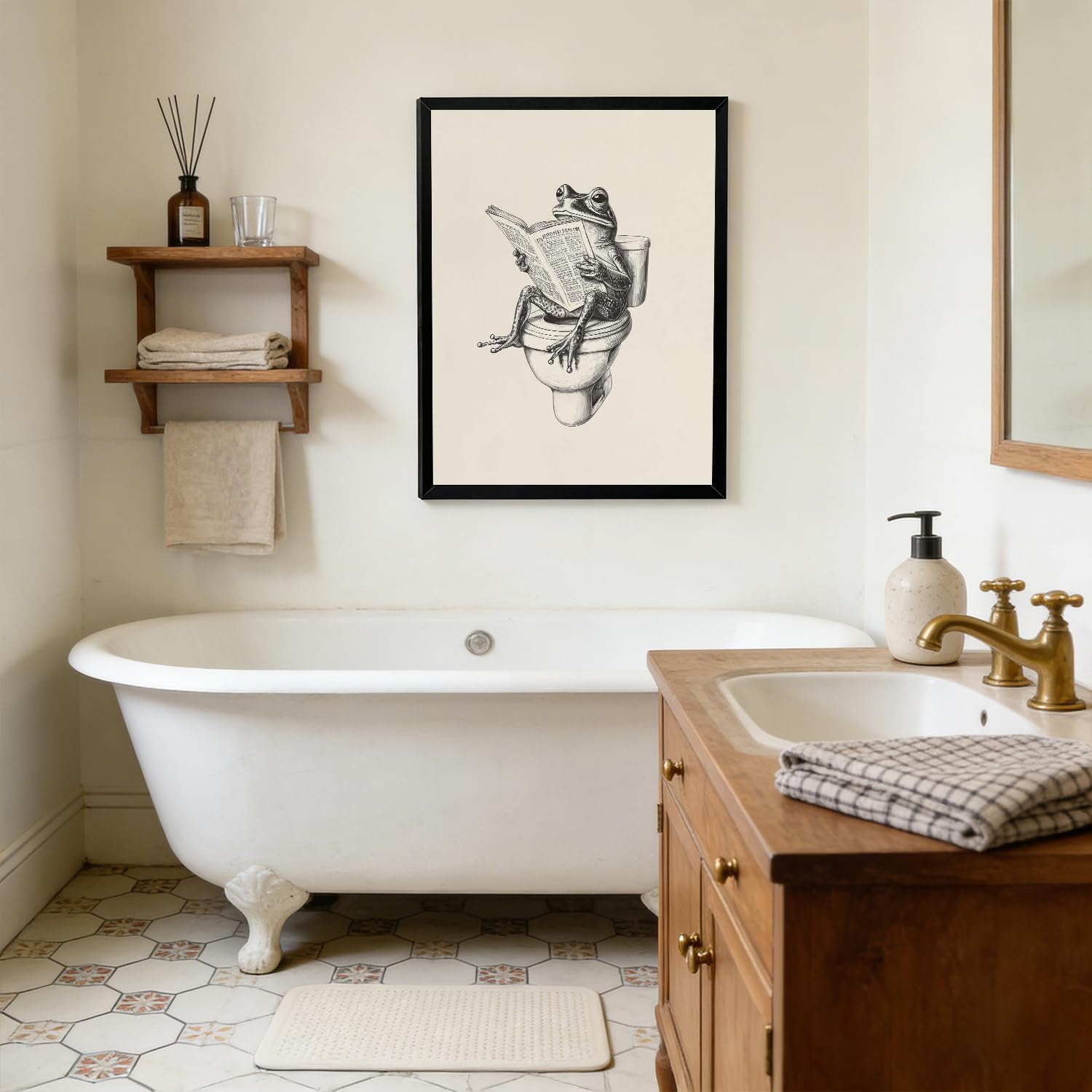 Frame Frog Bathroom Canvas Wall Art Funny Frog on Toilet Reading Newspaper Painting picture Wall Decor Cute Animal Farmhouse Humor Poster Print Artwork for Bathroom Restroom Home Decoration 16x24 in image 4