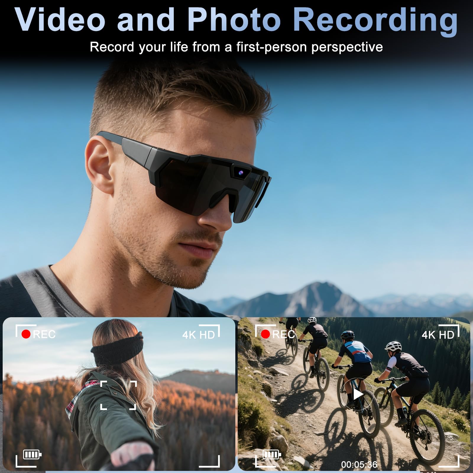 OBEST Gafas Inteligentes con 1080P Cámara, AI Gafas de Cámara WiFi HD, Solares Glasses Portátiles con Grabación de Vídeo y Micrófono, Acción Camara para Deporte Aire Libre Ciclismo/Esquí/Senderismo
