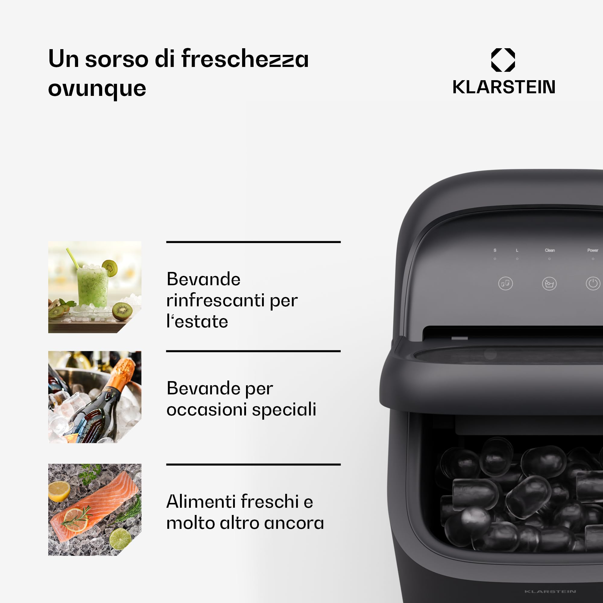 KLARSTEIN SparkIce - Macchina del Ghiaccio, 15 kg/24h, Cubetti in 6 Min, Touchpad, Pulizia Automatica, Cubetti in 2 Dimensioni, Macchina del Ghiaccio da Casa, Ice Maker con Paletta, Nero