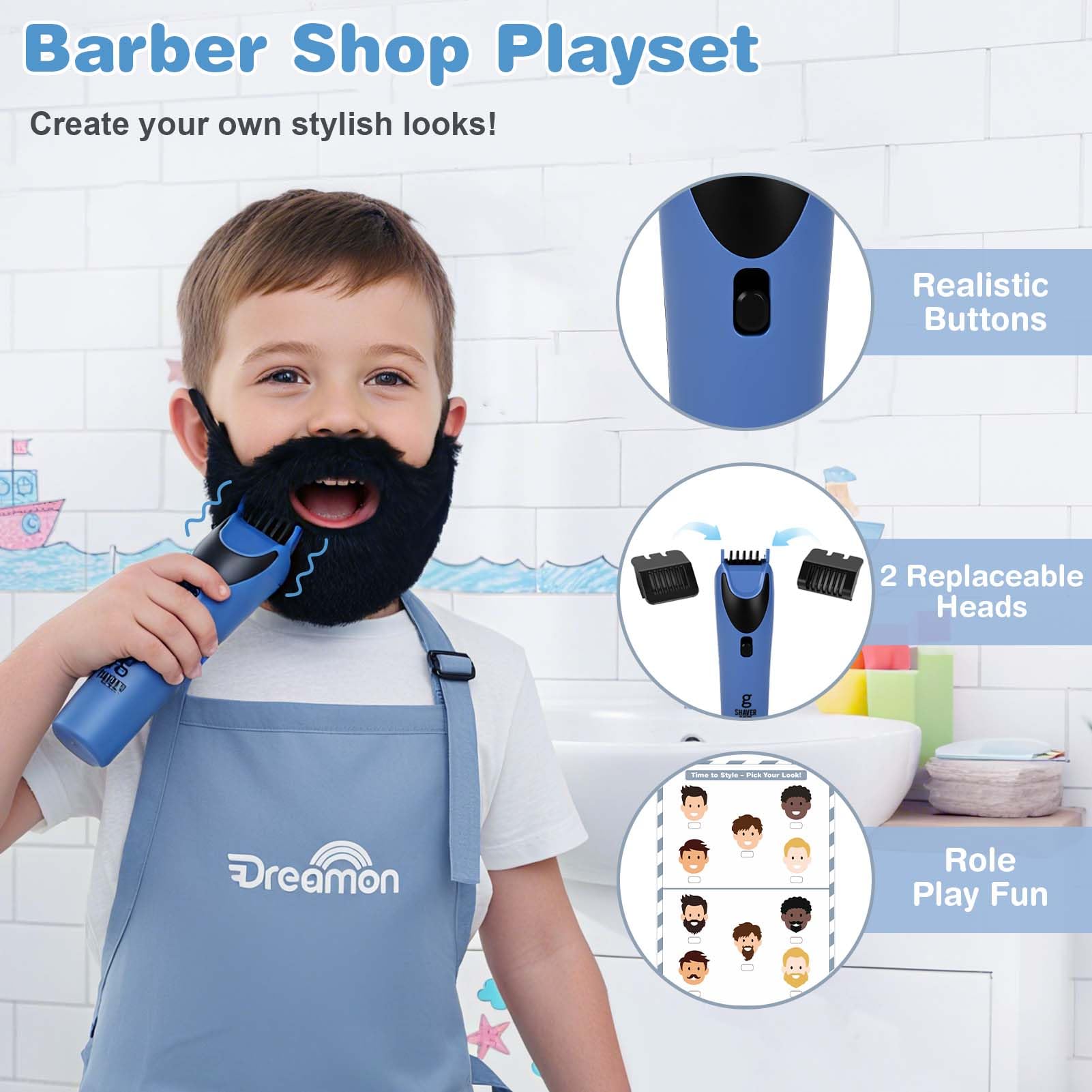 Dreamon Set de Peluquería Infantil de Madera, con Secador de Pelo Maquinilla de Afeitar Barba Postiza Delantal y Bolsa de Almacenamiento Regalo para Niños de 3 4 5 6 Años