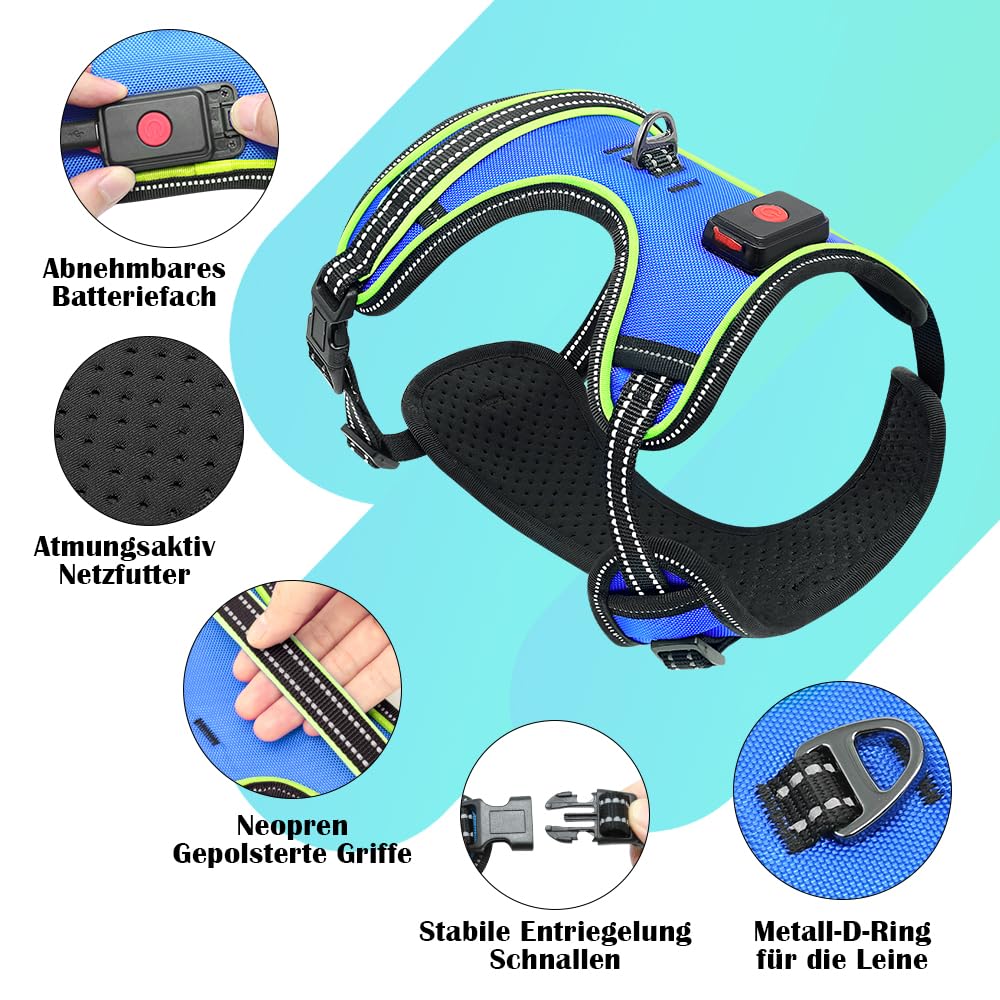 Arnés luminoso para perros recargable LED chaleco reflectante para perros arnés antitracción para perros que caminan por la noche (luz azul + verde, XL)
