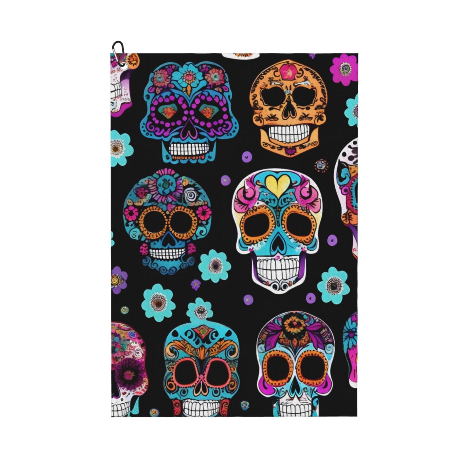 aacxzff Quick-Drying Microfiber Sugar Skull Print Golf Towel with Integrated Carabiner Clip for Unisex 16x24in