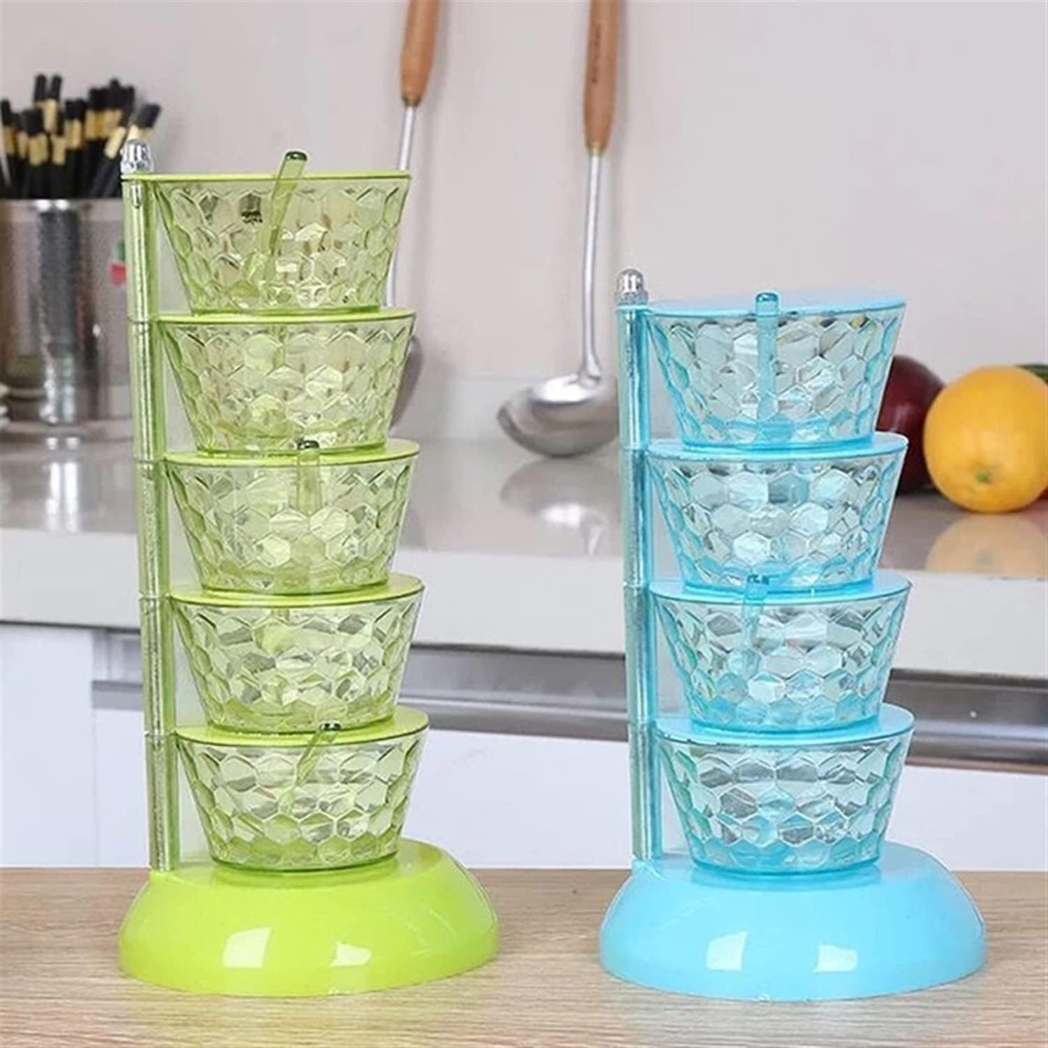 Gewürze Aufbewahrung Gewürzflasche Für Die Küche, Vertikal, Drehbar, Gewürzbox, Transparentes Gewürzflaschen-Set, Salztopf, Saucenglas Gewurzglaeser Gewürzglas(Blue,4-Tier)