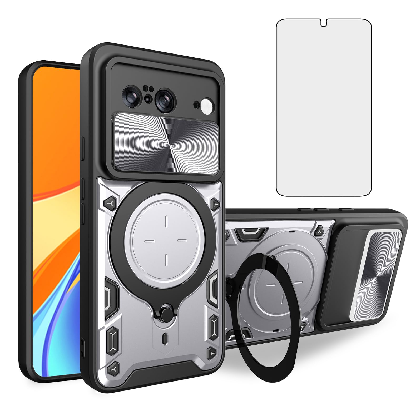 Coque Google Pixel 8 5G avec anneau support et cache objectif coulissant rigide - 8