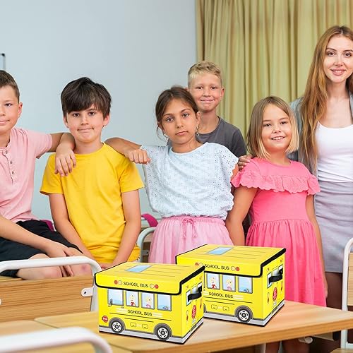 Miniatura 5 de Sweetude Caja del tesoro de autobús escolar de 2 piezas para el aula, caja de almacenamiento plegable con tapa, organizador de tesoros para niños,