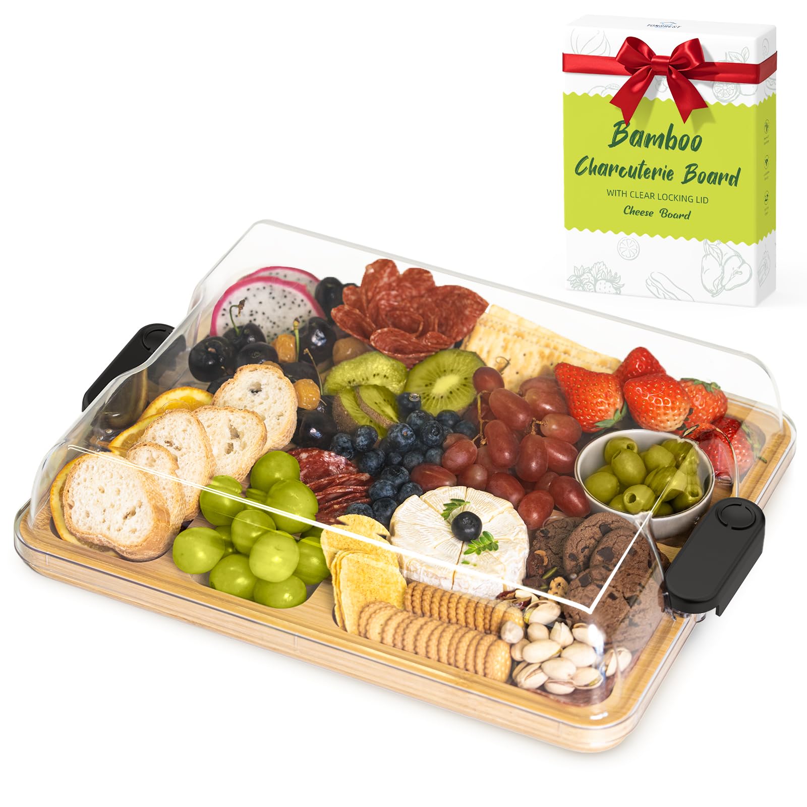 2-in-1 Charcuterie Board with Lid, Large Cutting Board for Kitchen, Travel Portable Bamboo Cheese Board, Covered Serving Tray, House Warming Birthday Gifts for Her Him Women Men Mom Dad