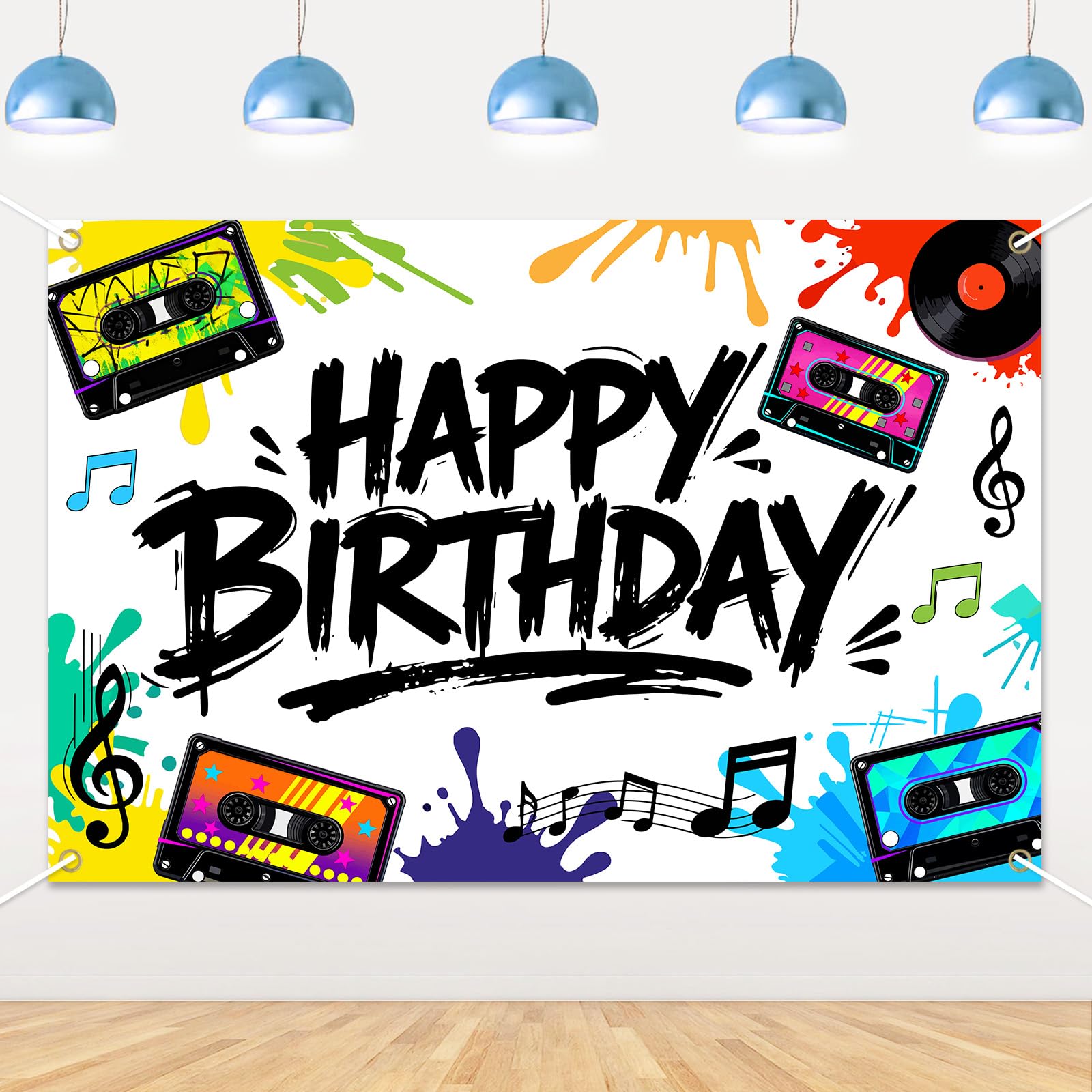 Cinta de casete para cumpleaños, telón de fondo con temática musical, caja de feliz cumpleaños, pancarta colorida de graffiti, música, audio, boombox, fondo de fotografía para niños y adultos