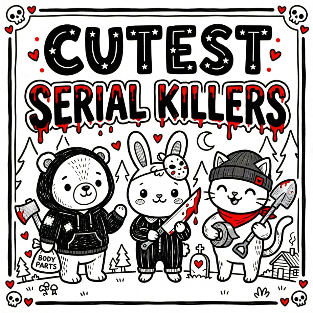 Cutest Serial Killers Coloring Book: Bold & Easy Cute Creepy Characters – Funny Cartoon Monsters, Animals & Silly Villains for Stress Relief and Relaxation For Adults and Kids