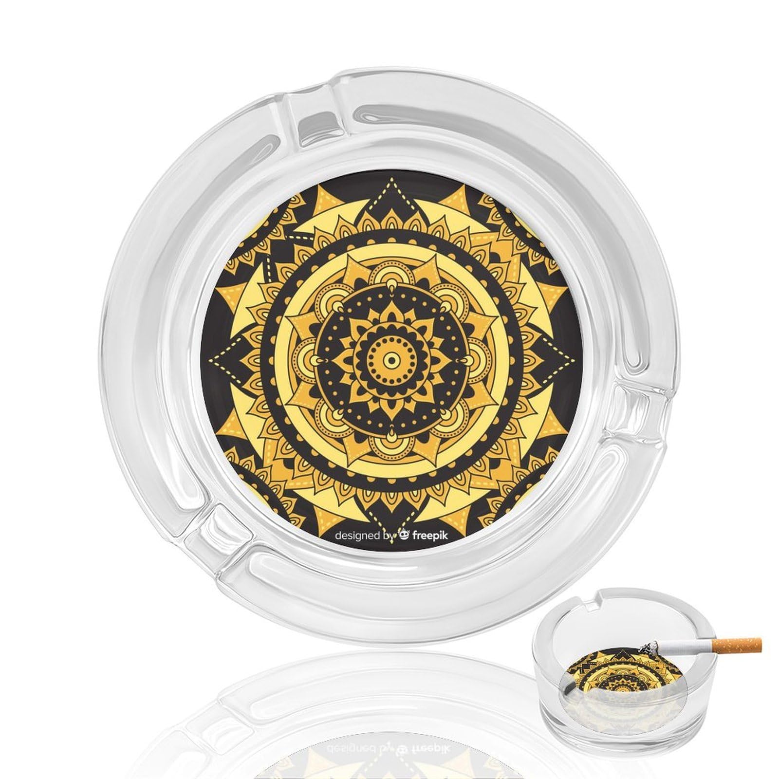 Abstract Floral Mandala Glass Ashtray 3.3 Inch Round Cigarette Ash Holder with 4 Grooves for Home Office Outdoor One Size