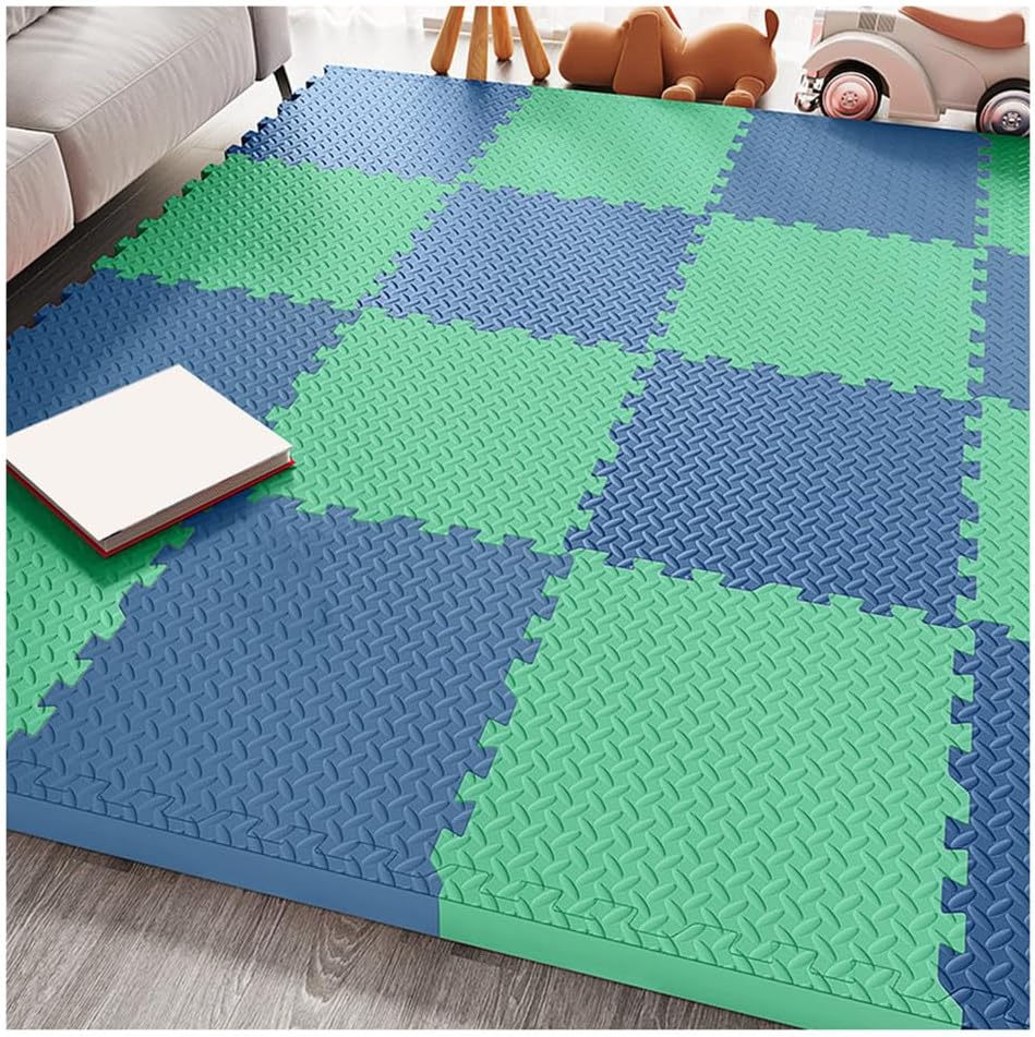 36Pcs Interlocking Foam Puzzle Floor Mat – 1/2″ Thick, 12″x12″ Anti-Slip Waterproof Exercise Tiles for Home Gym & Playroom, Easy to Install, Navy Blue & Green